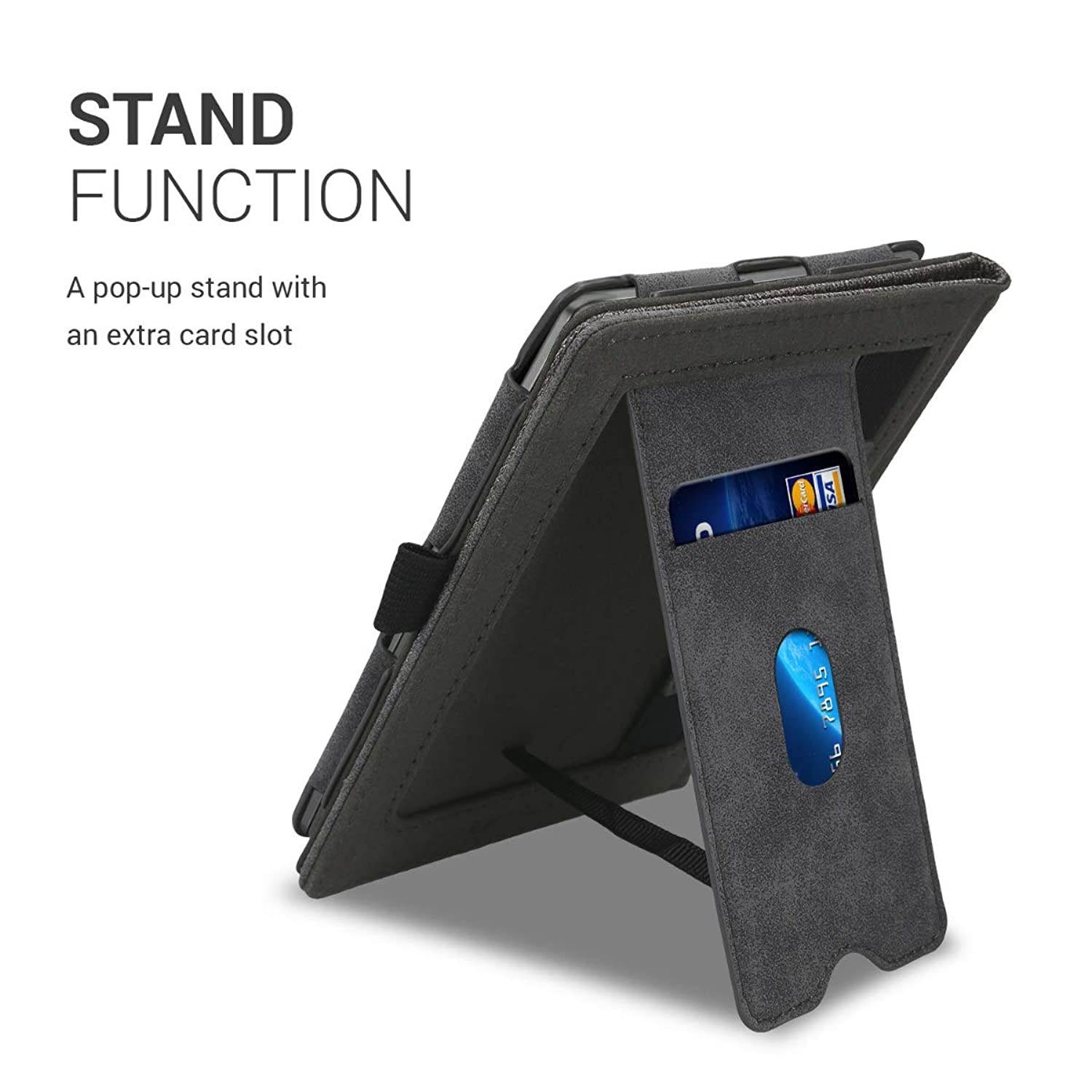 kwmobile Case Compatible with Kobo Clara HD - Canvas Synthetic Suede Cover with Magnetic Closure, Kickstand, Hand Strap, Card Slot - Grey/Black