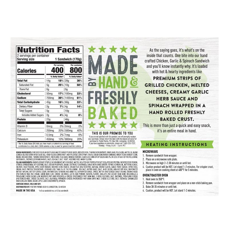 Foster Farms Hand Crafts Chicken Garlic Spinach Sandwich - 12oz