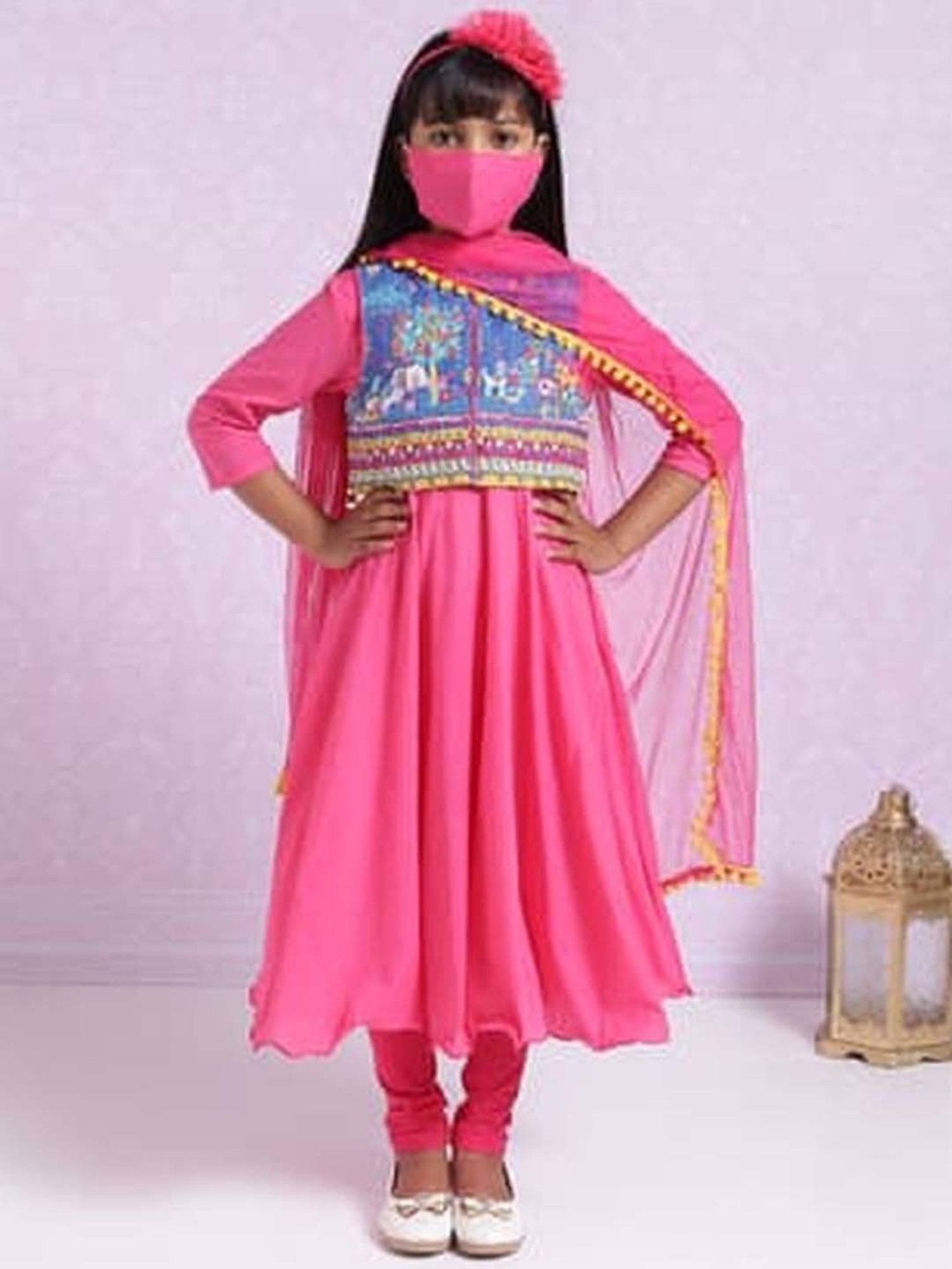 Biba Kids Pink & Blue Regular Fit Kurta Set