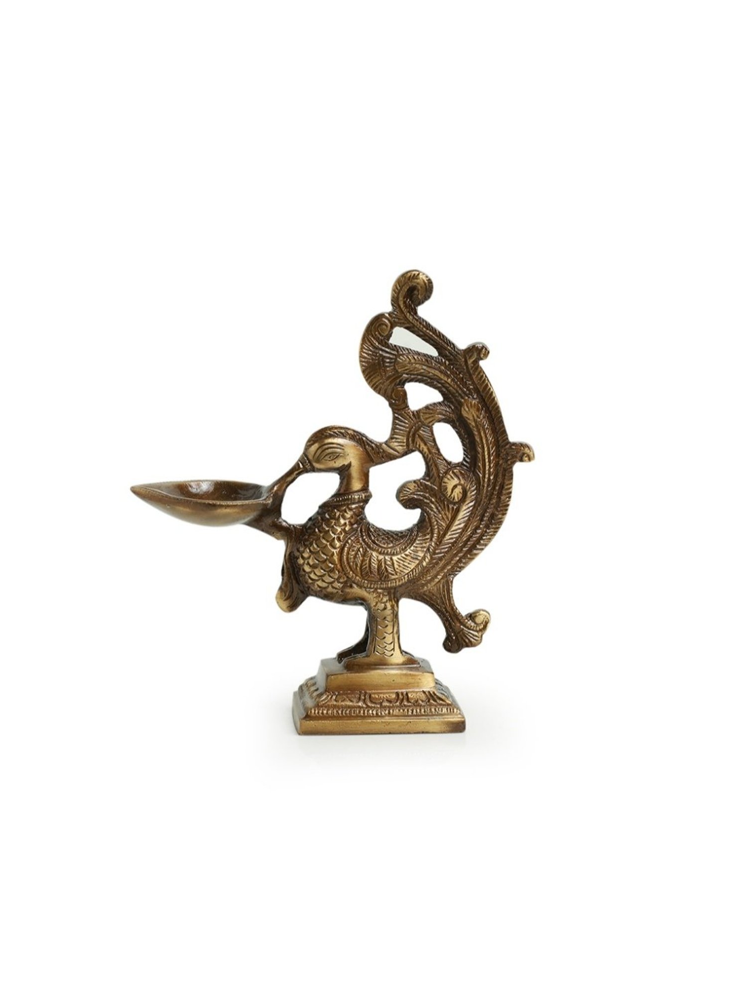 ExclusiveLane Gold Brass Princely Peacock Hand-Etched Carved Diya