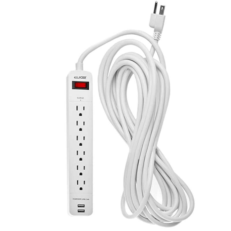 6Outlet + 2 USB 1050 Joule Surge Protector Power Strip with 25Ft Long Extension Cord White UL Listed
