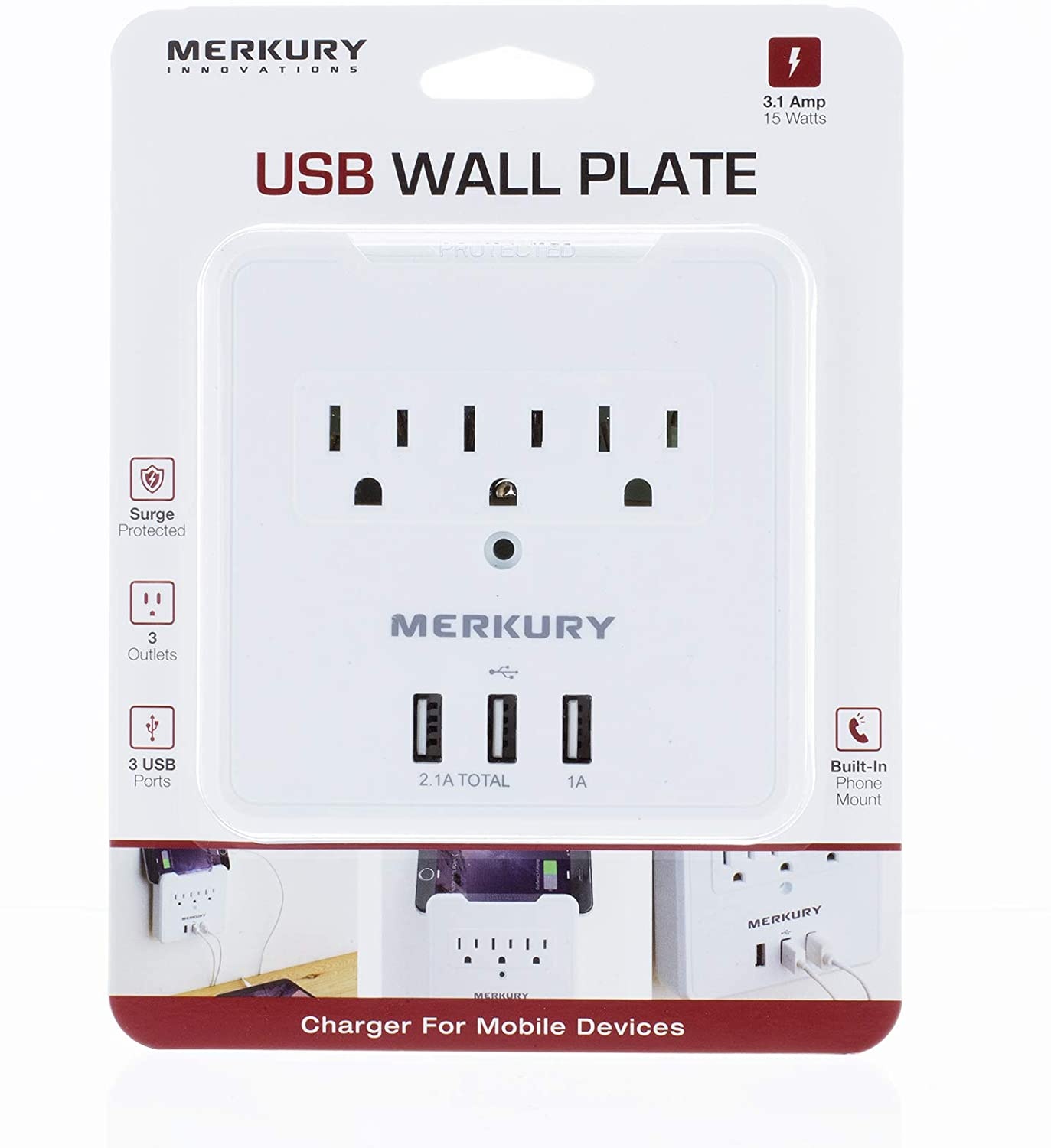 Merkury Innovations 3 AC Outlet and 3 USB 3.1 Amp Rapid Charge Wall Surge Protector and Phone Holder