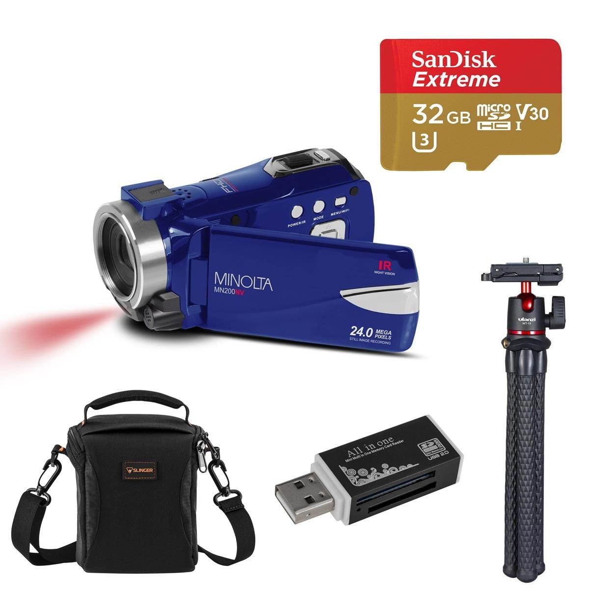 Minolta MN200NV 24MP FHD Night Vision Camcorder, Blue with Accessories Kit