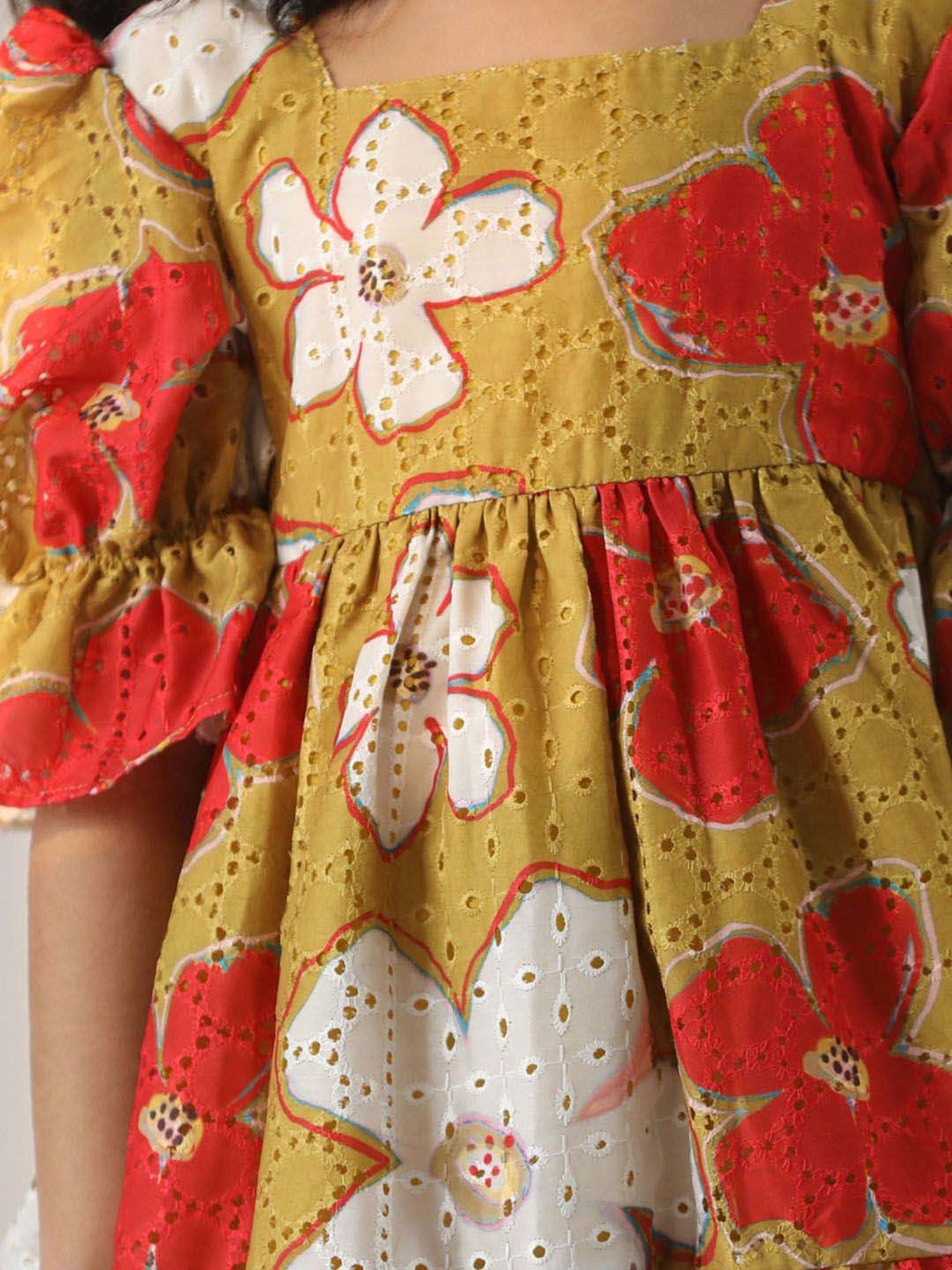 VASTRAMAY Girls Mustard & Red Floral Dresses