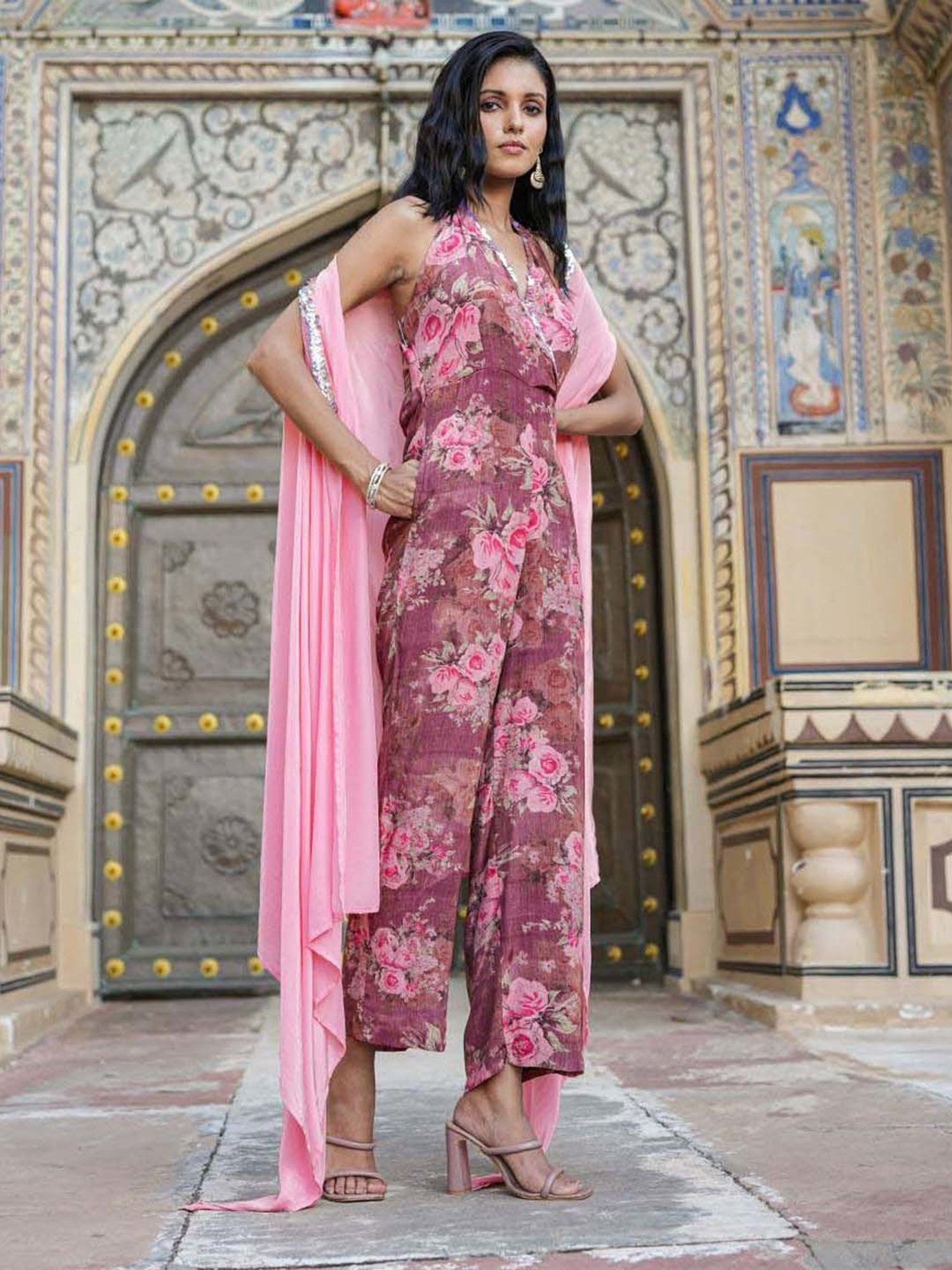 SCAKHI Purple Printed Jumpsuit With Cape