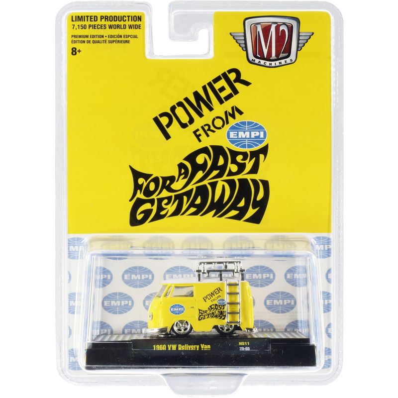 1960 Volkswagen Delivery Van w/Ladder & Roof Rack "EMPI" Bright Yellow Ltd Ed to 7150 pcs 1/64 Diecast Model Car by M2 Machines