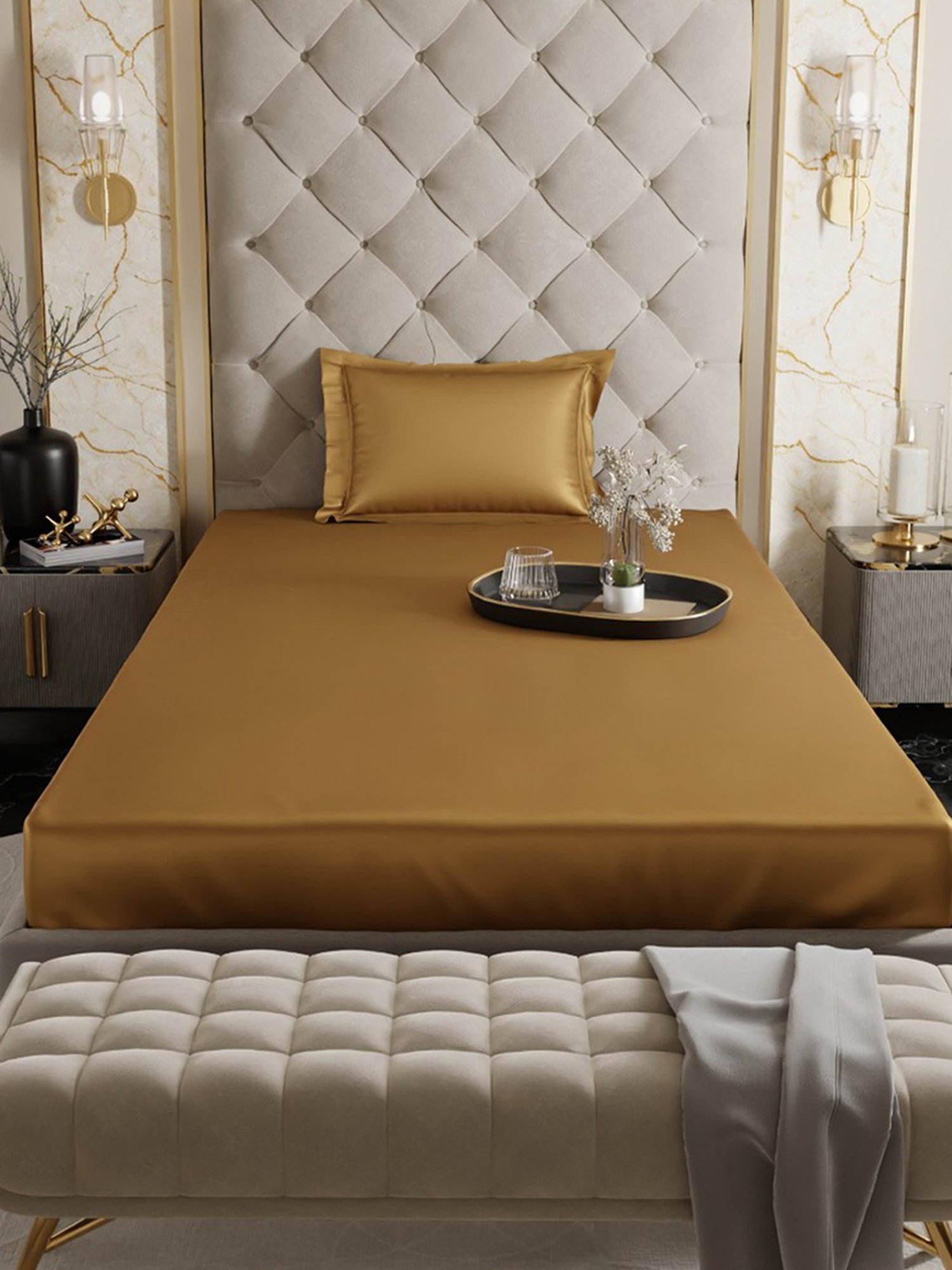 Stoa Paris Eternal Glow Gold 300 TC Polyester Single Fitted Sheet with 1 Pillow Cover