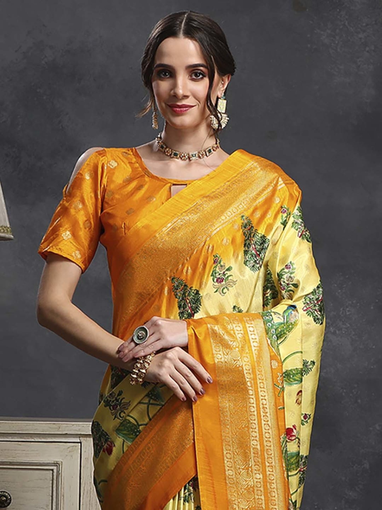 Saree Mall Yellow Silk Printed Saree With Unstitched Blouse