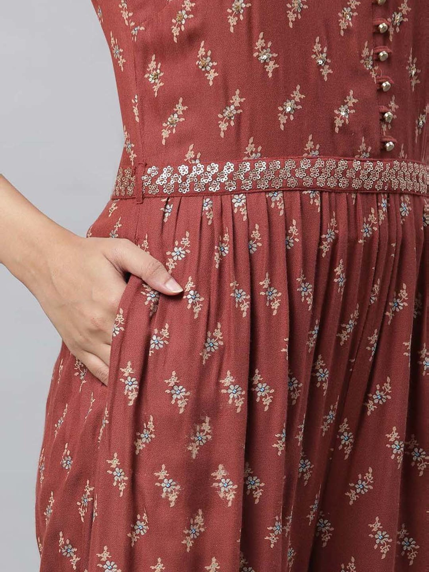 Aurelia Maroon Printed Jumpsuit With Jacket