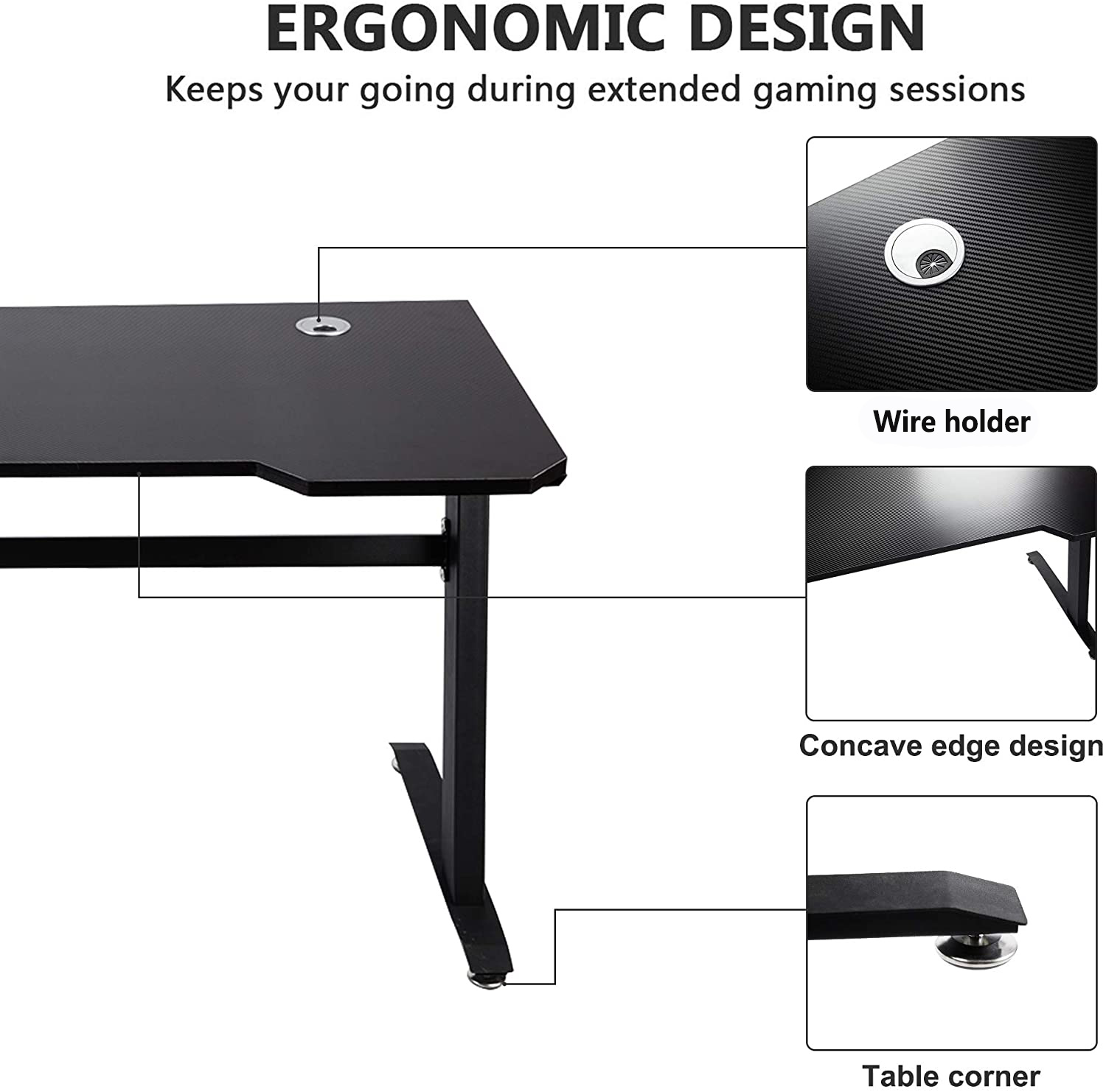 Hannord Gaming Desk, 47.2" W x 23.6" D Office Computer Table, Black Gamer Workstation with 2 Cable Management Holes