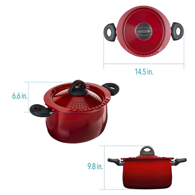 Bialetti 7550 2 In 1 Nonstick Aluminum 5 Quart Oval Shaped Kitchen Pasta Pot with Lockable Strainer Lid and Heat Resistant Handles, Red