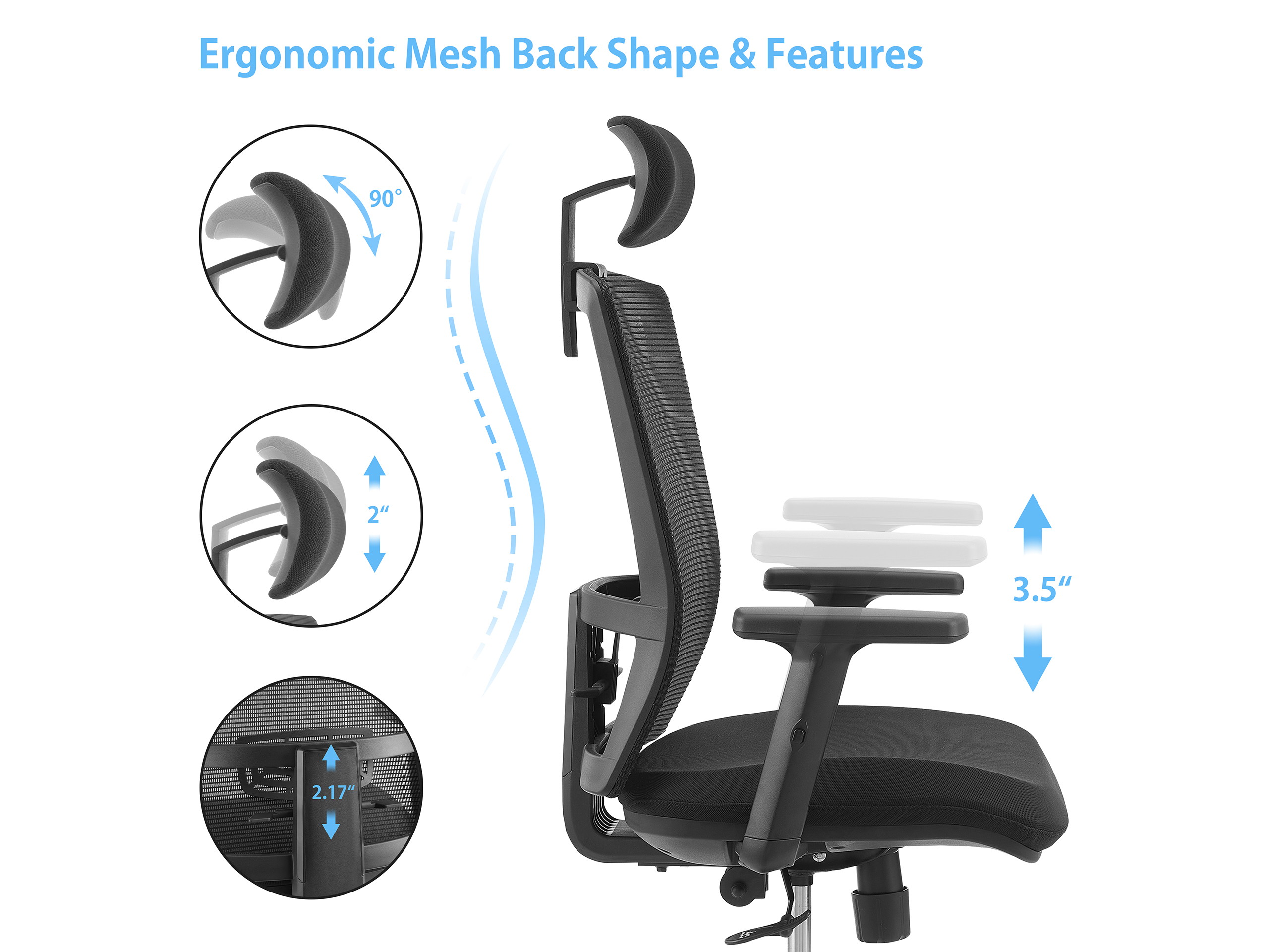 WORKSMYTH Breathable Mesh Ergonomic Office Chair Gaming Chair, Adjustable Headrest Chair Armrest, Lumbar Support and Casters