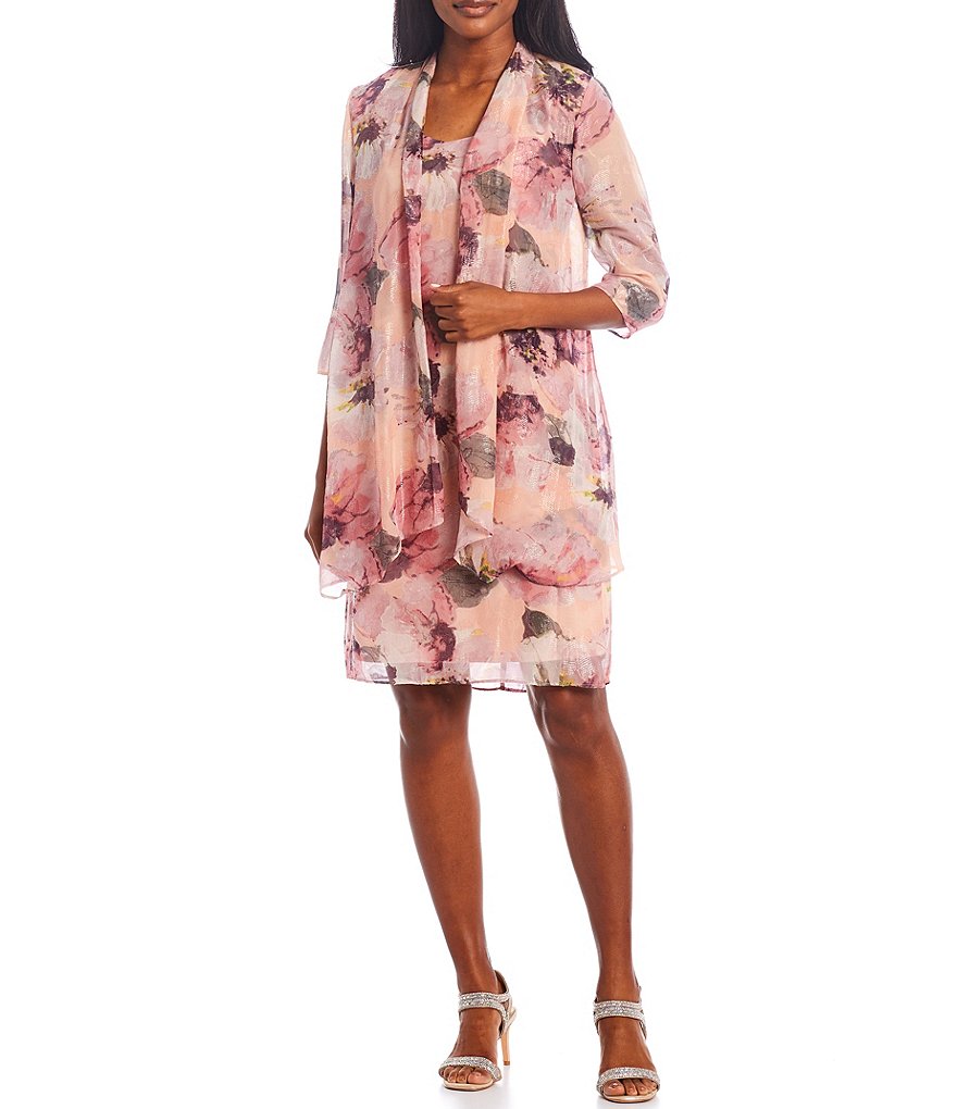 R & M Richards Floral Printed Chiffon 2-Piece Jacket Dress