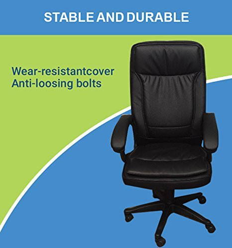 Designer Chelsea Executive Office Chair in PU Leather with Black Fiber Base, Adjustable Headrest and Spacious Backrest, Thickly Cushioned Seat, Highly Resilient Foam Padded Armrests - BLACK COLOR