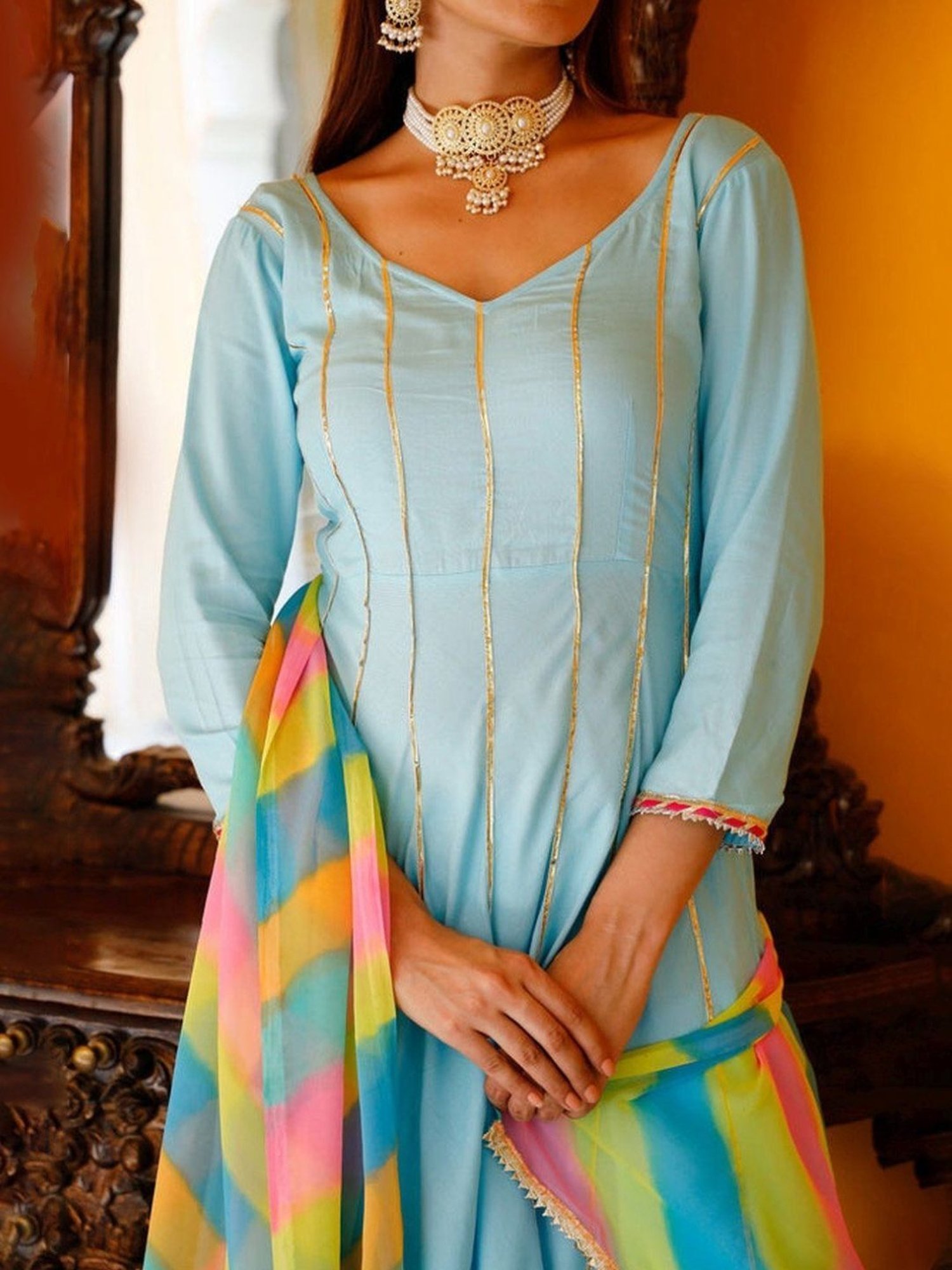 Thread and Button Aqua Blue Heavy Gotta Kurta with Pant and Dupatta