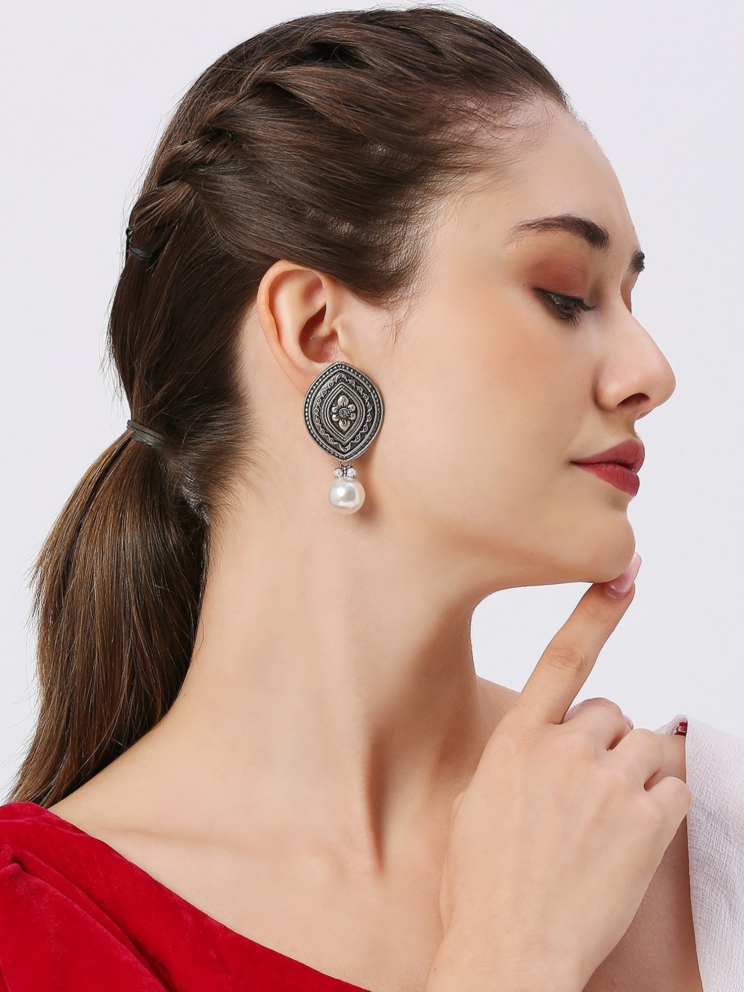 Oomph Silver Oxidized Silver Look Alike Floral Design Drop Earrings - Set of 2