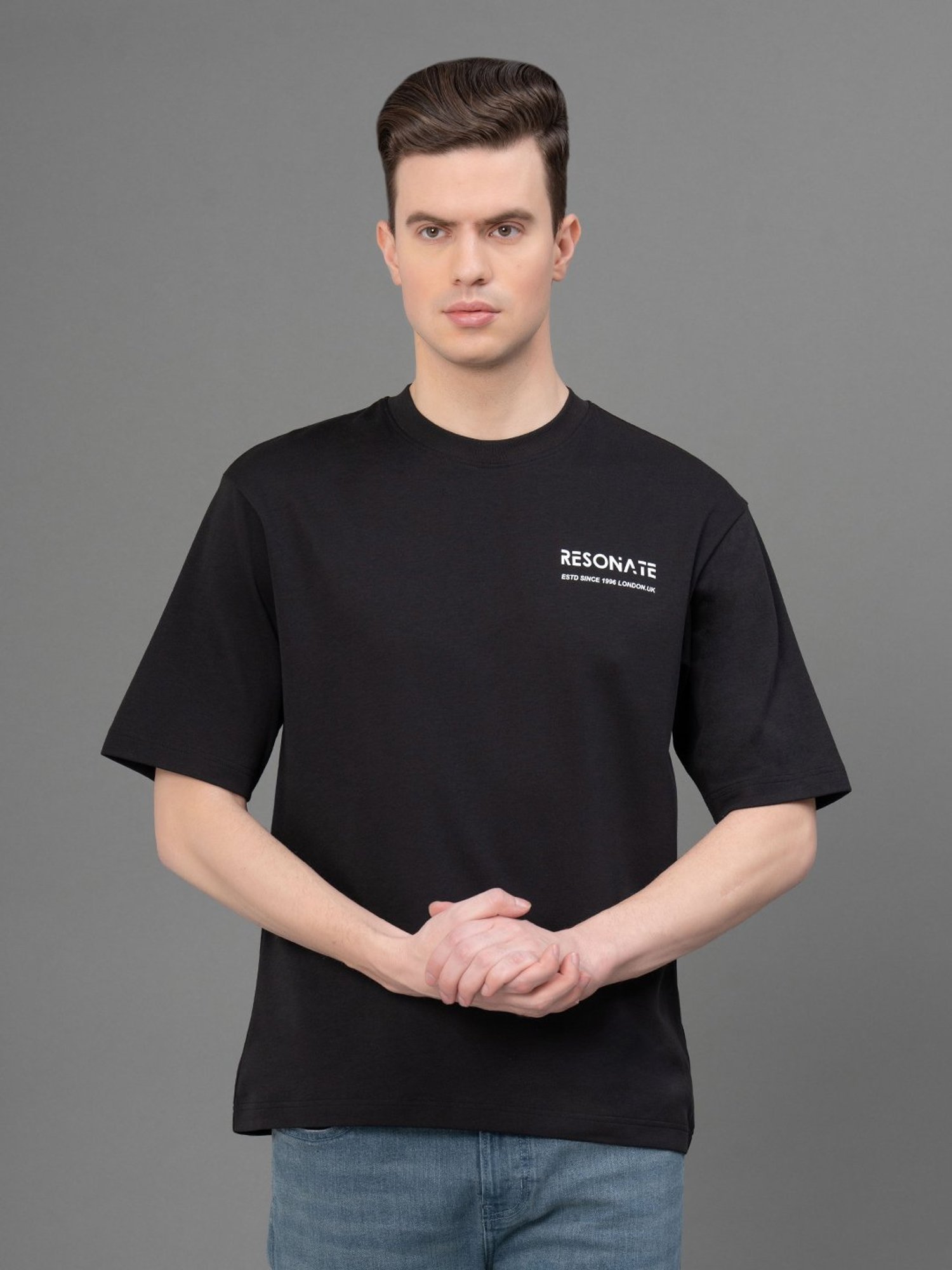 Red Tape Black Regular Fit Printed Crew T-Shirt