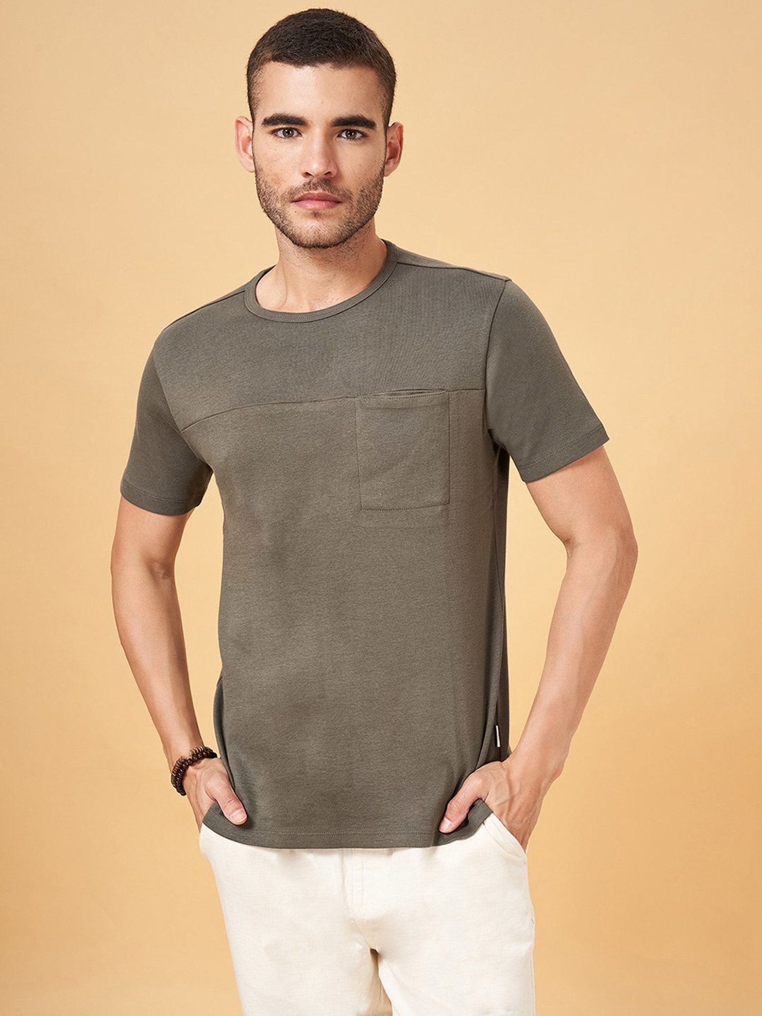 7 Alt by Pantaloons Green Cotton Slim Fit T-Shirt