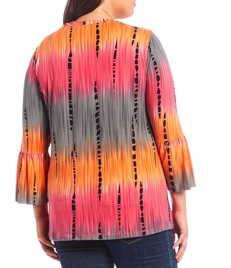 Calessa Plus Size Tie-Dye Floral Embroidery V-Neck 3/4 Bell Sleeve Tunic
