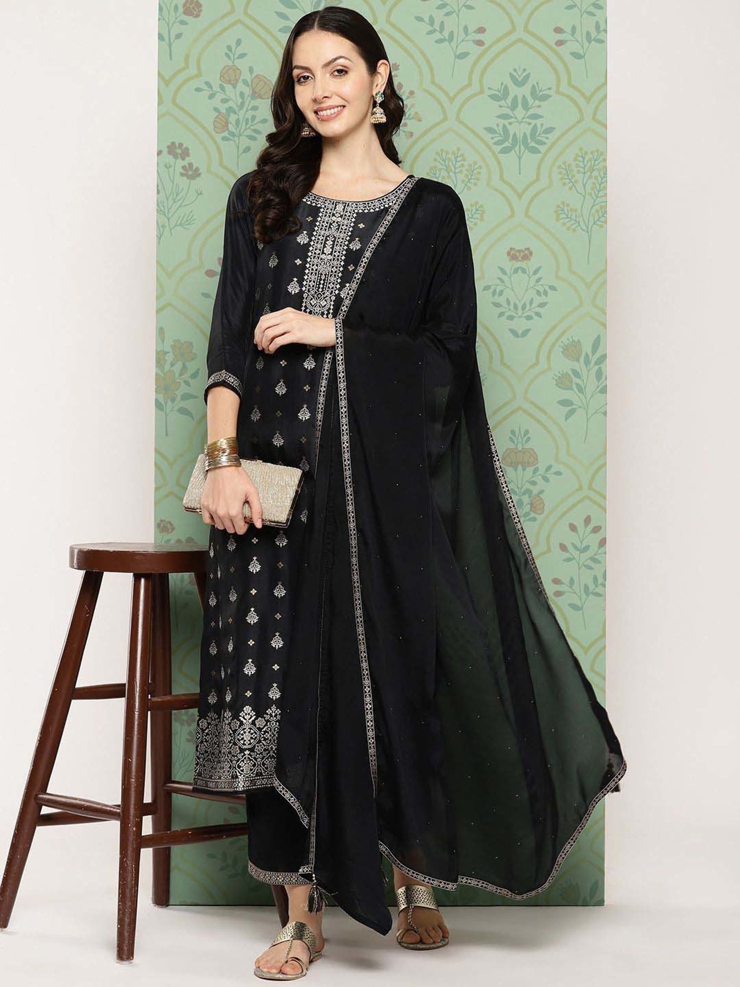 Libas Black Embroidered Kurta Pant Set With Dupatta