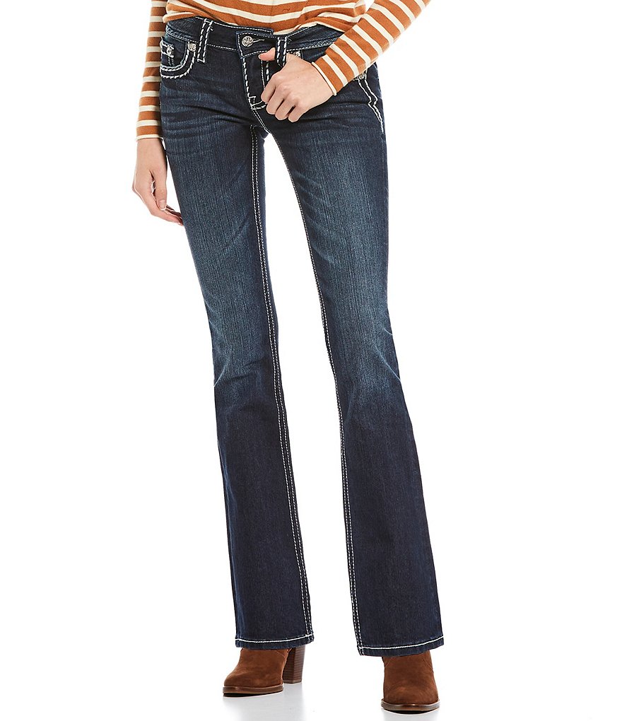 Miss Me Loose Saddle Border Stitch Flap Pocket Mid Rise Bootcut Jeans