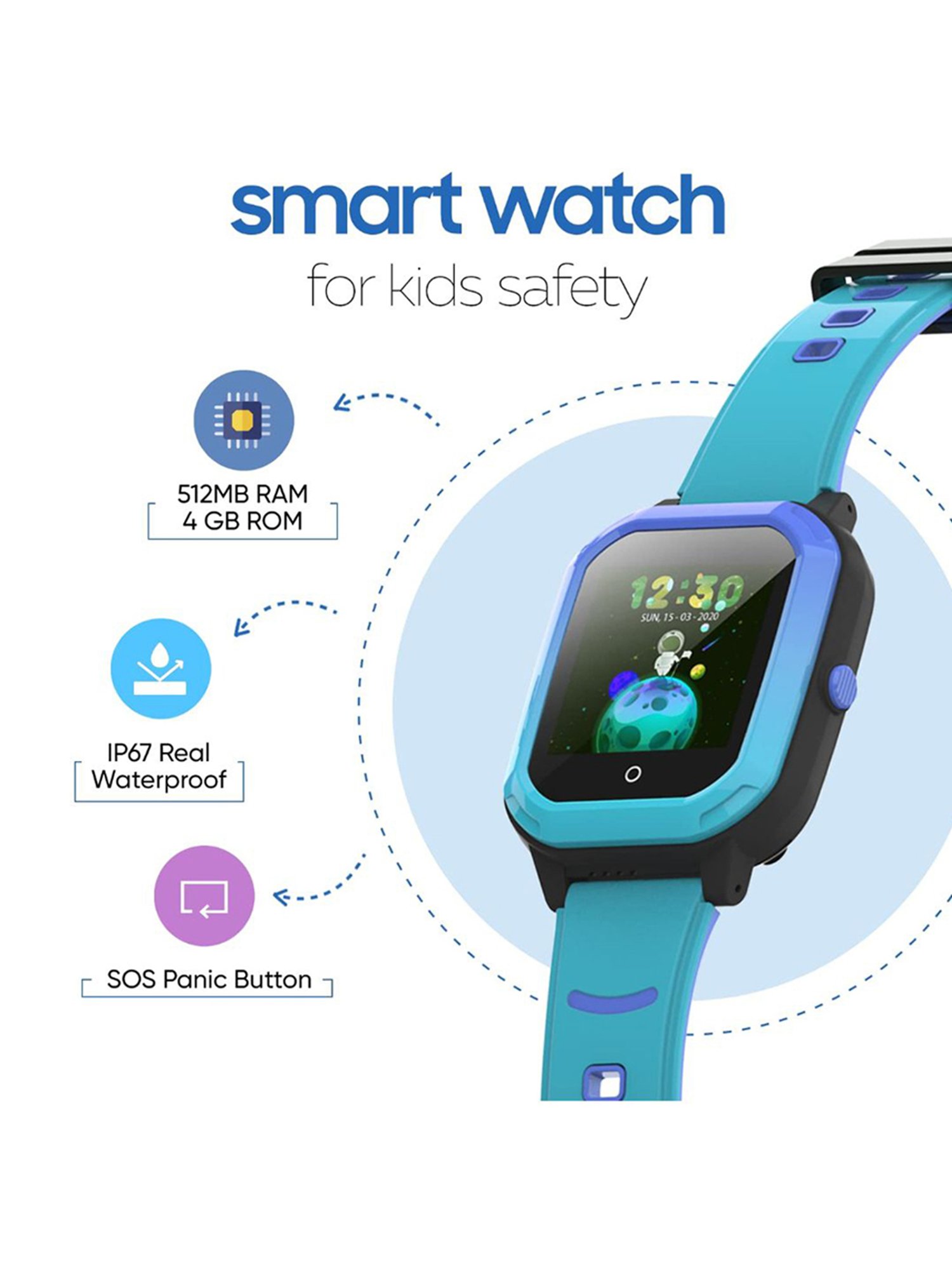 Turet Smartwatch for Kids with HD Display, Camera, SOS Button, Phone & Video Calling (Blue)