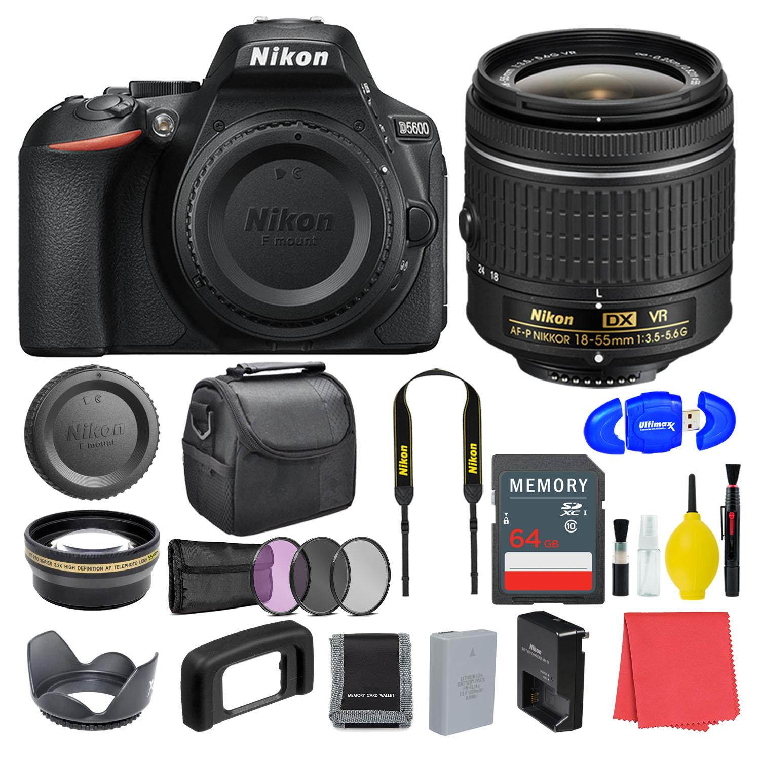Nikon D5600 24.2MP DSLR Camera AF-P DX 18-55mm Lens Kit + Bag + Battery + SD Card + Accessories Vlogger Starter Deluxe Bundle