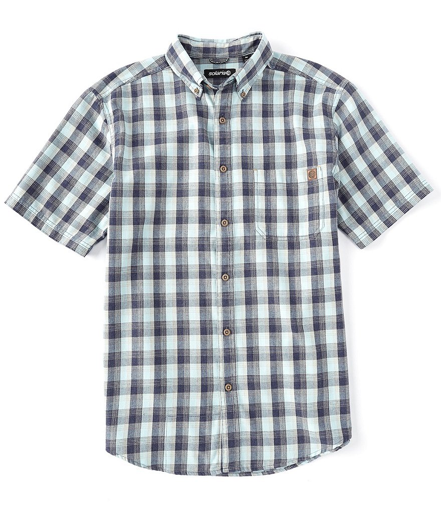 Solaris Short Sleeve Denim Plaid Front Pocket Sportshirt