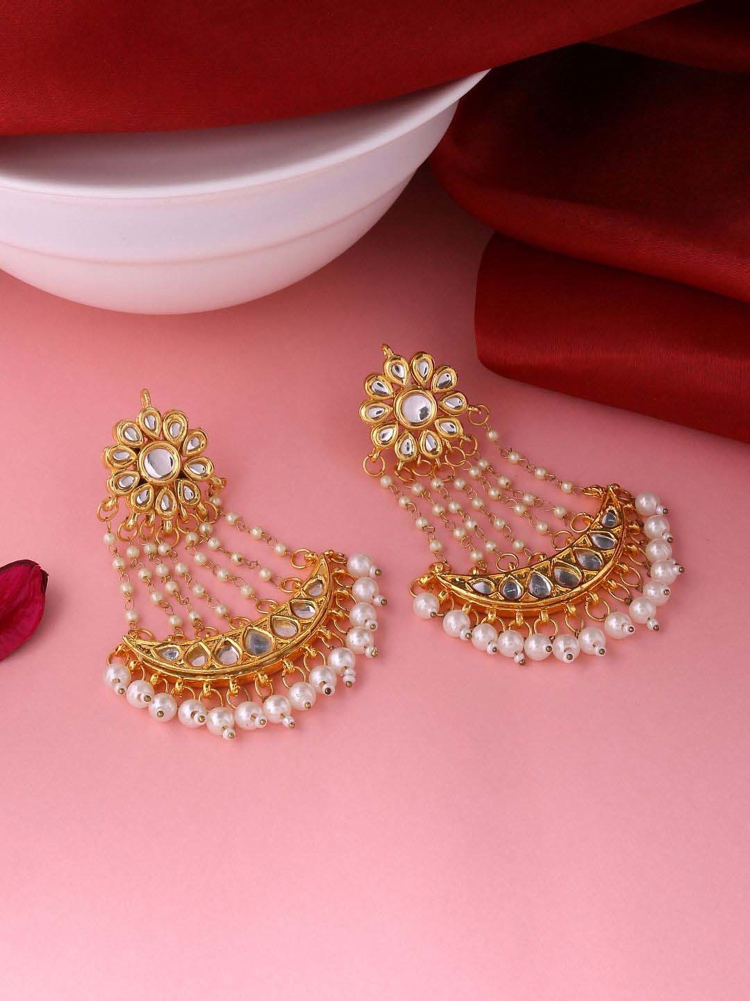 NVR Gold-Plated Kundan Chand Bali Earrings for Women