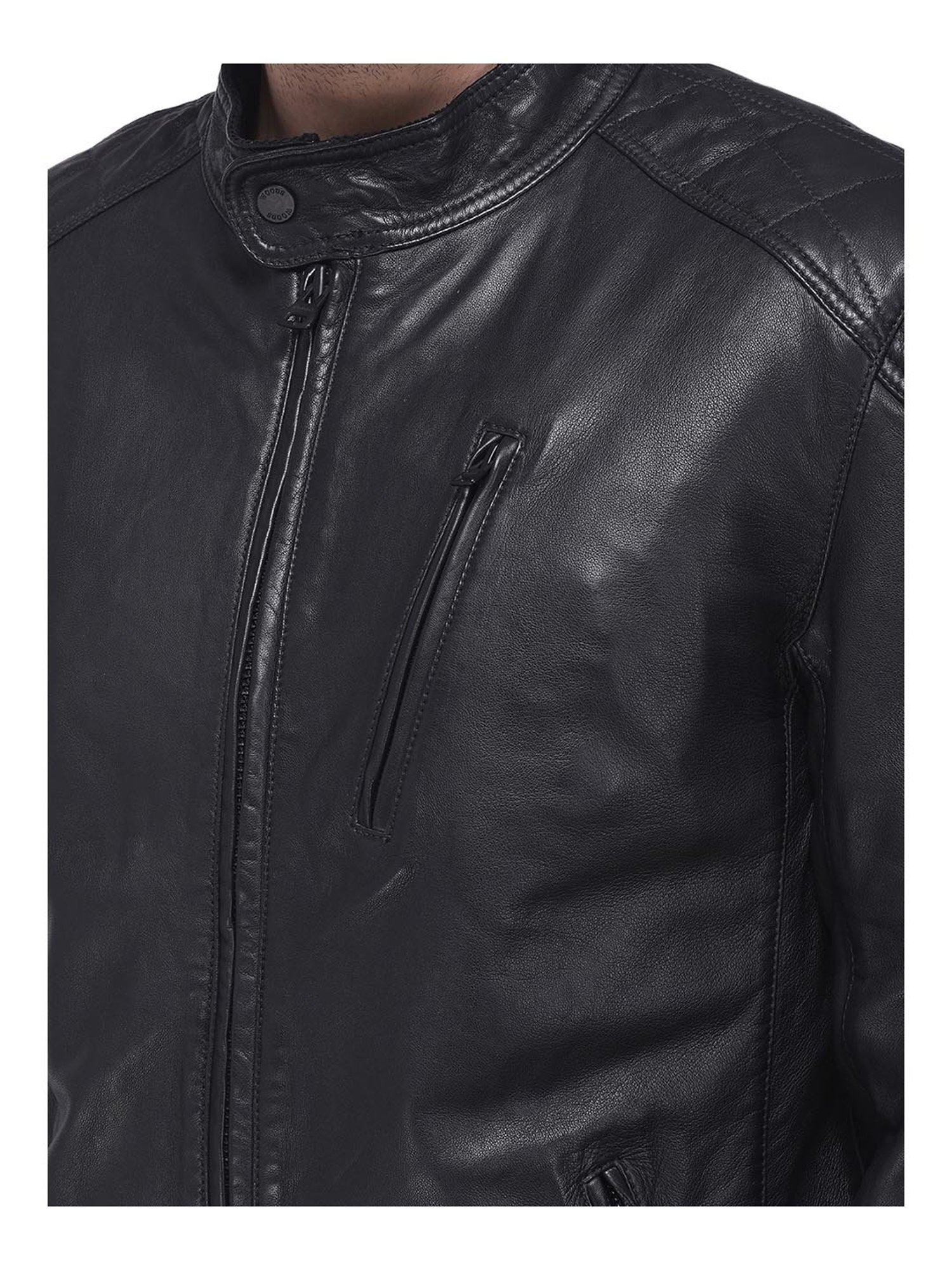 Woods Black Mandarin Collar Leather Jacket
