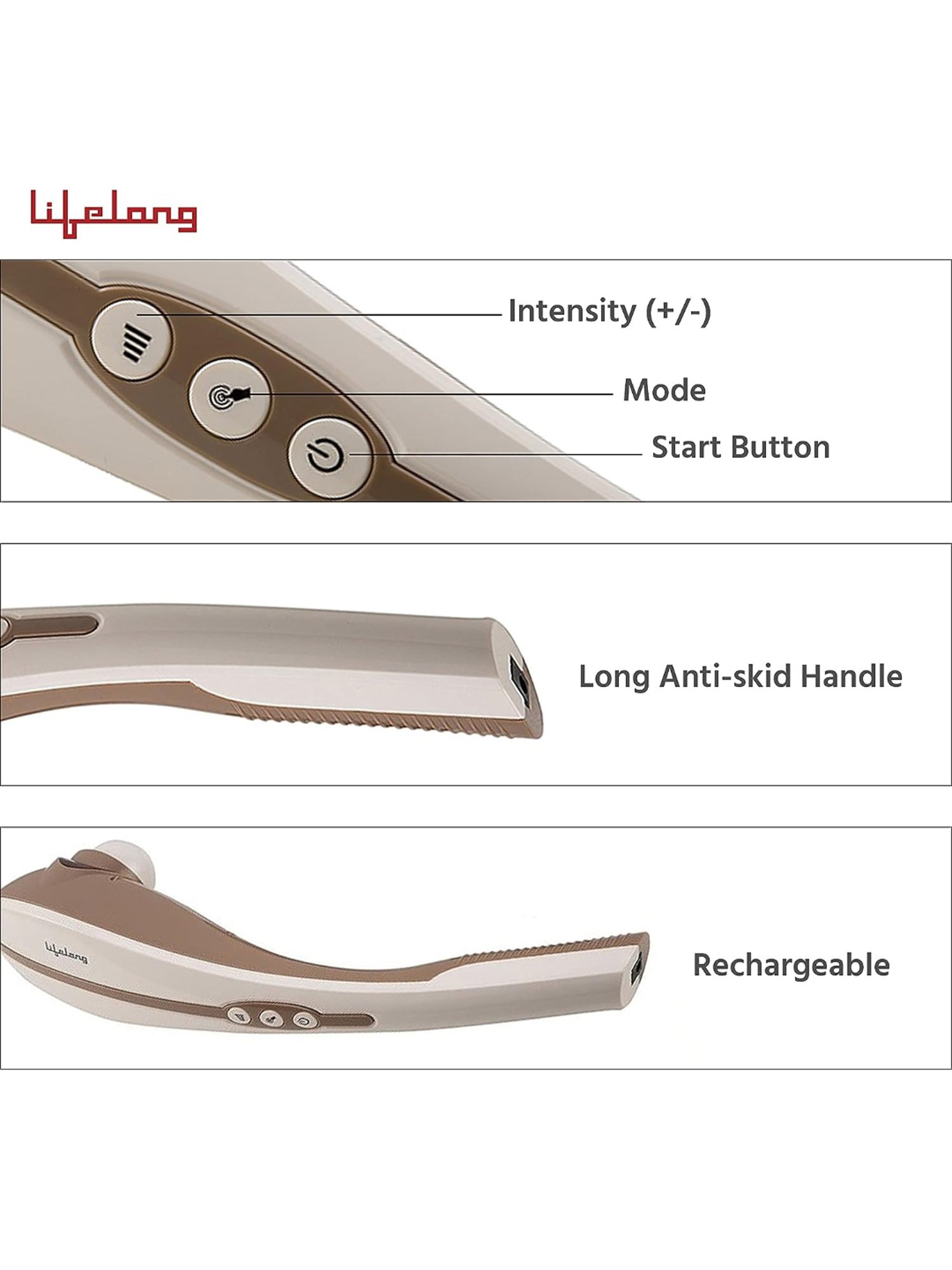 Lifelong LL45 Rechargeable Cordless Body Massager with 3 Attachments (Brown)