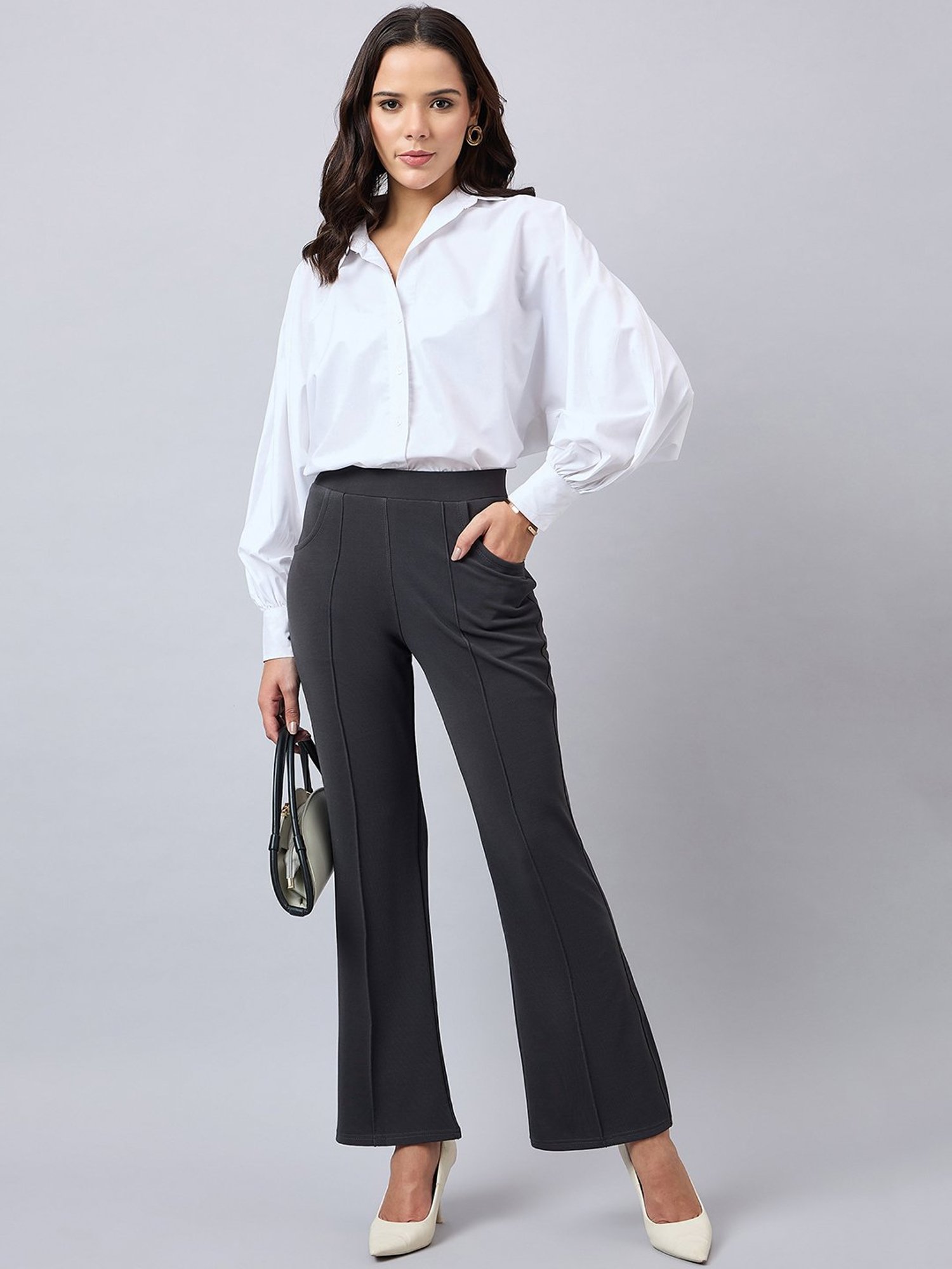 Style Quotient Grey Relaxed Fit High Rise Trousers