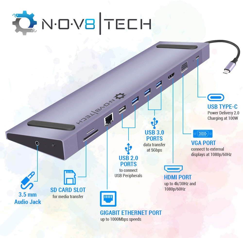 NOV8Tech USB C Hub Laptop Dock Stand 11-in-1 Ethernet 3.5mm Audio, SD/Micro SD 3X USB 3.0 1x USB 2.0 HDMI VGA & 100W PD USB C 3.1 (11in1 Dock for All USB C Devices - Space Gray)