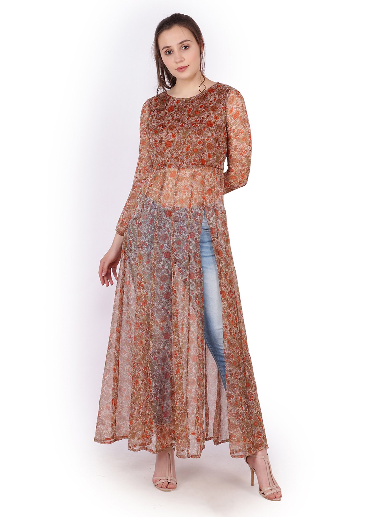 Scorpius Brown Floral Print Long Top