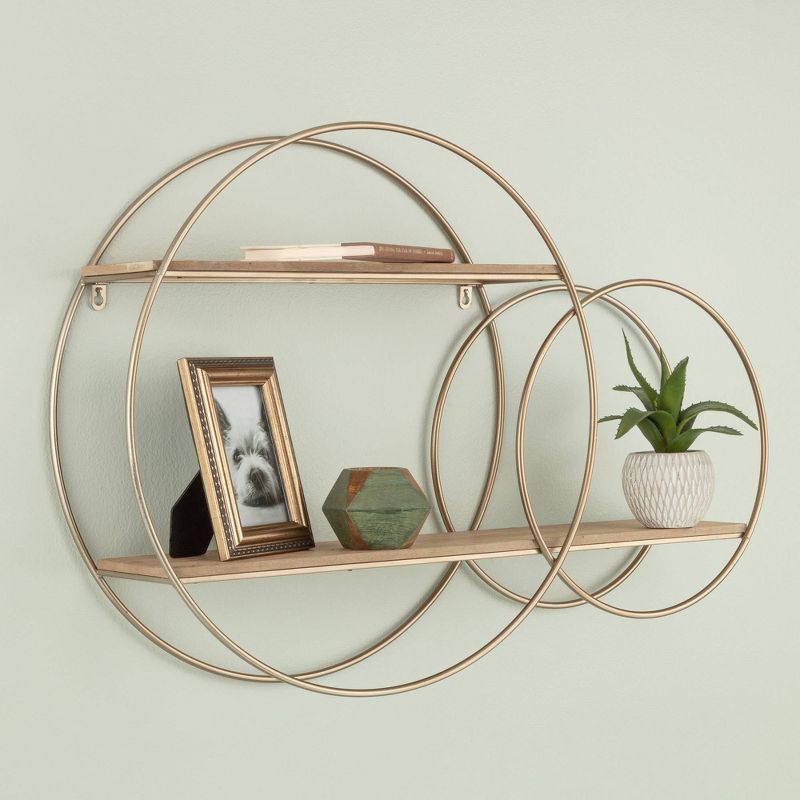 2 Tier Round Wall Shelf Rustic Wood and Decorative Unit Gold - Gallery Solutions