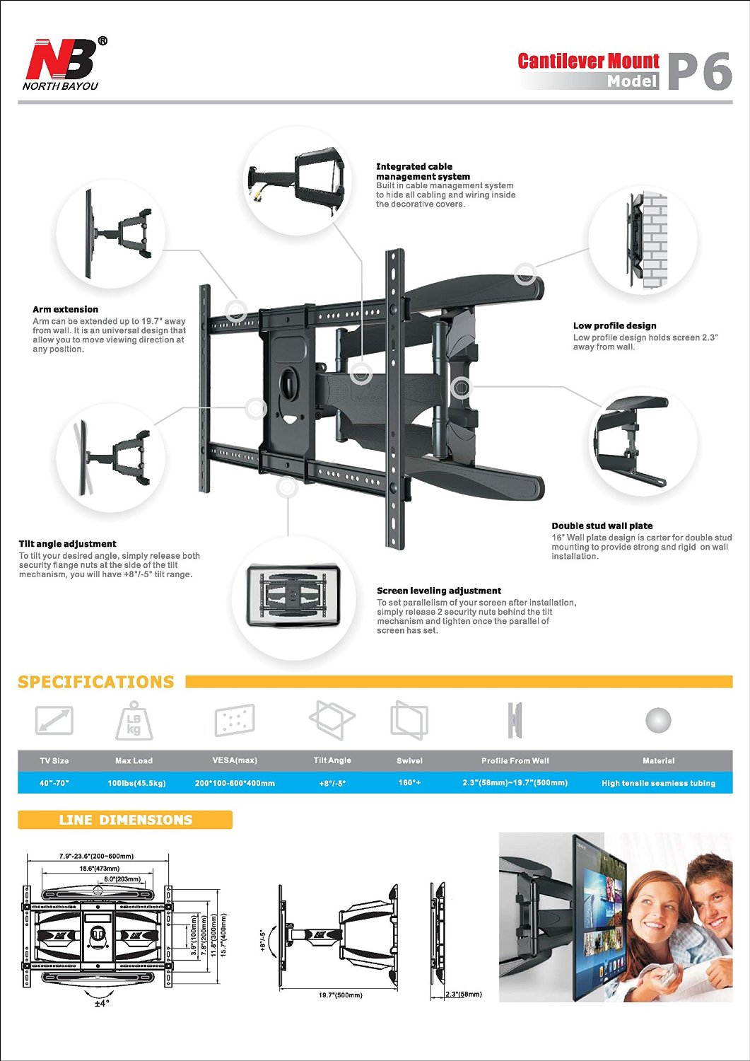 Full Motion Articulating Cantilever Wall Mount (P6) for TVs 40-70" and 100lbs