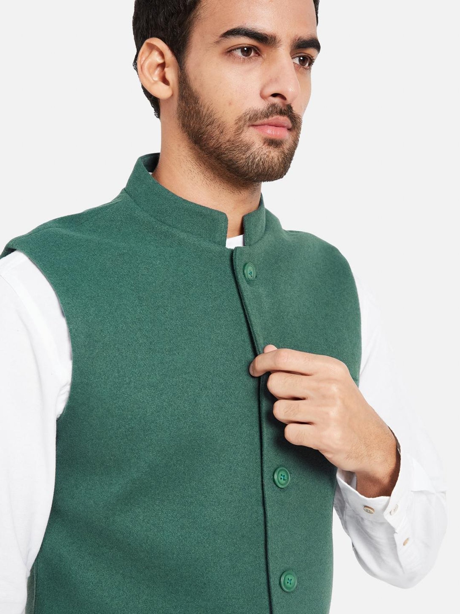 METTLE Teal Green Cotton Linen Regular Fit Nehru Jacket