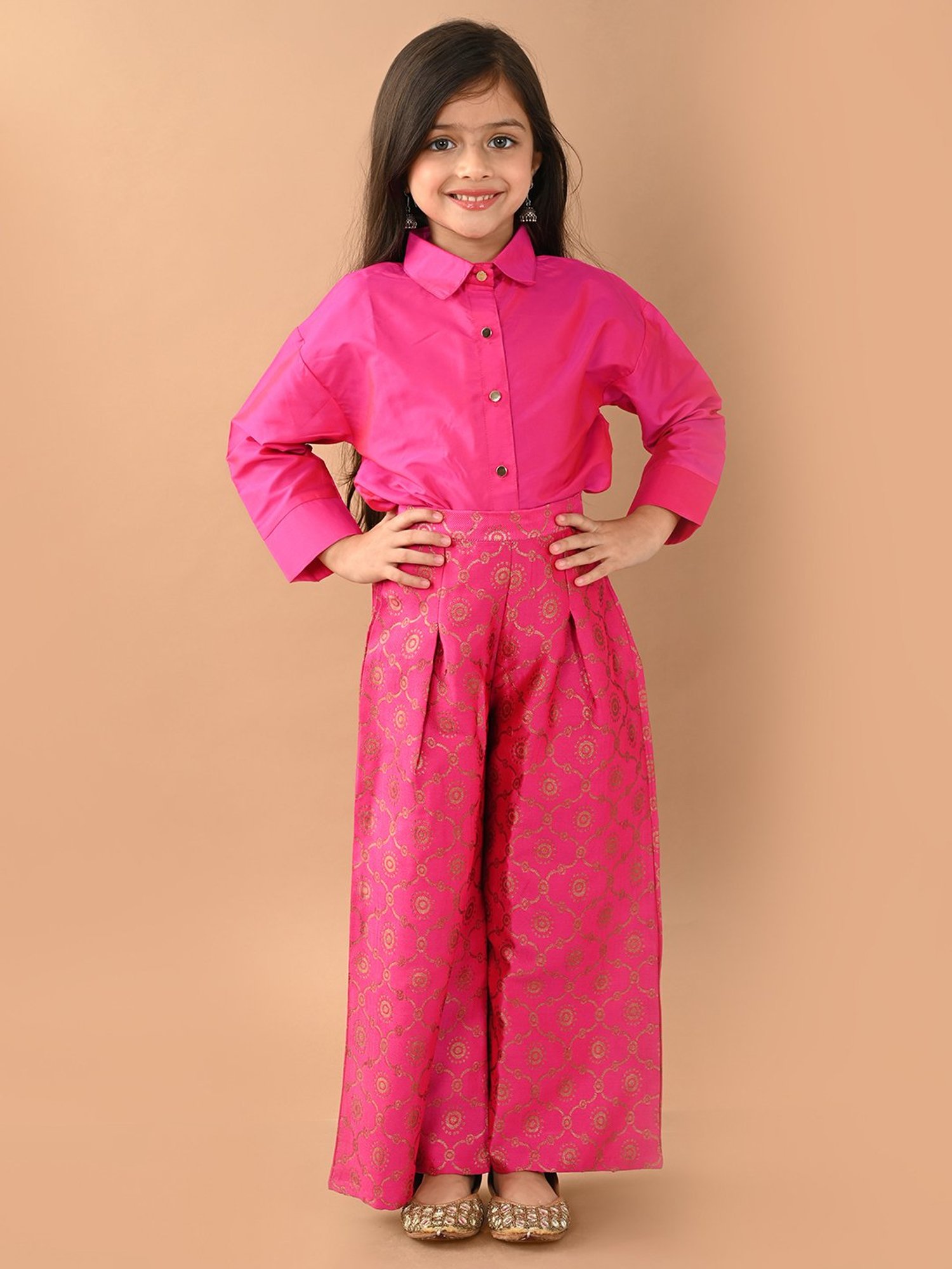 LilPicks Kids Magenta Printed Full Sleeves Shirt With Plazzos