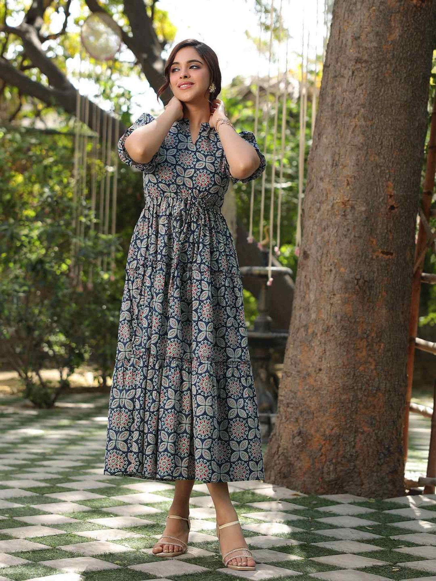 Rain and Rainbow Blue Cotton Printed A-Line Dress