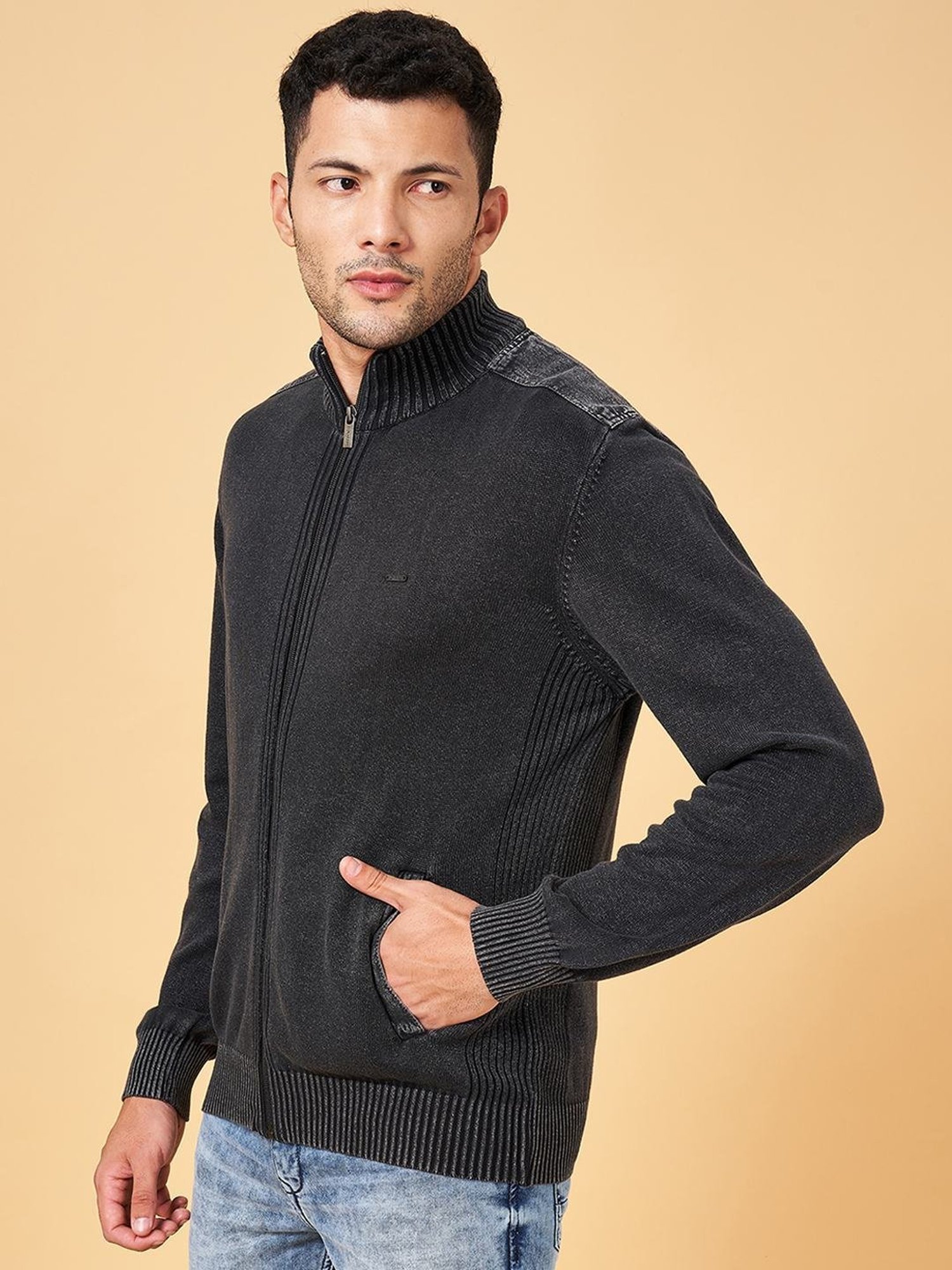 Byford by Pantaloons Black Cotton Slim Fit Self Pattern Sweater