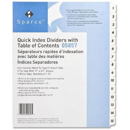 Index Dividers,w/TOC Page,1-15, 15 Tabs/ST,11"x8-1/2",White
