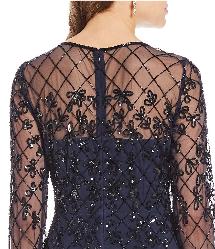 Adrianna Papell Round Neck Long Sleeve Beaded Sheath Dress