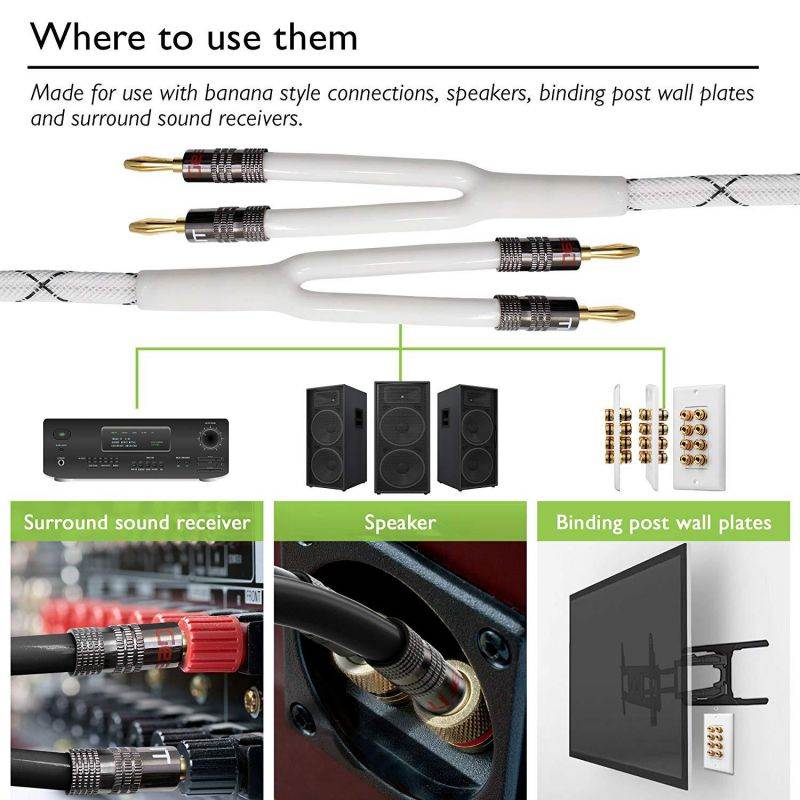 GearIT 14AWG Premium Heavy Duty Braided Speaker Wire (10 Feet) with Dual Gold Plated Banana Plug Tips - Oxygen-Free Copper (OFC) Construction, White