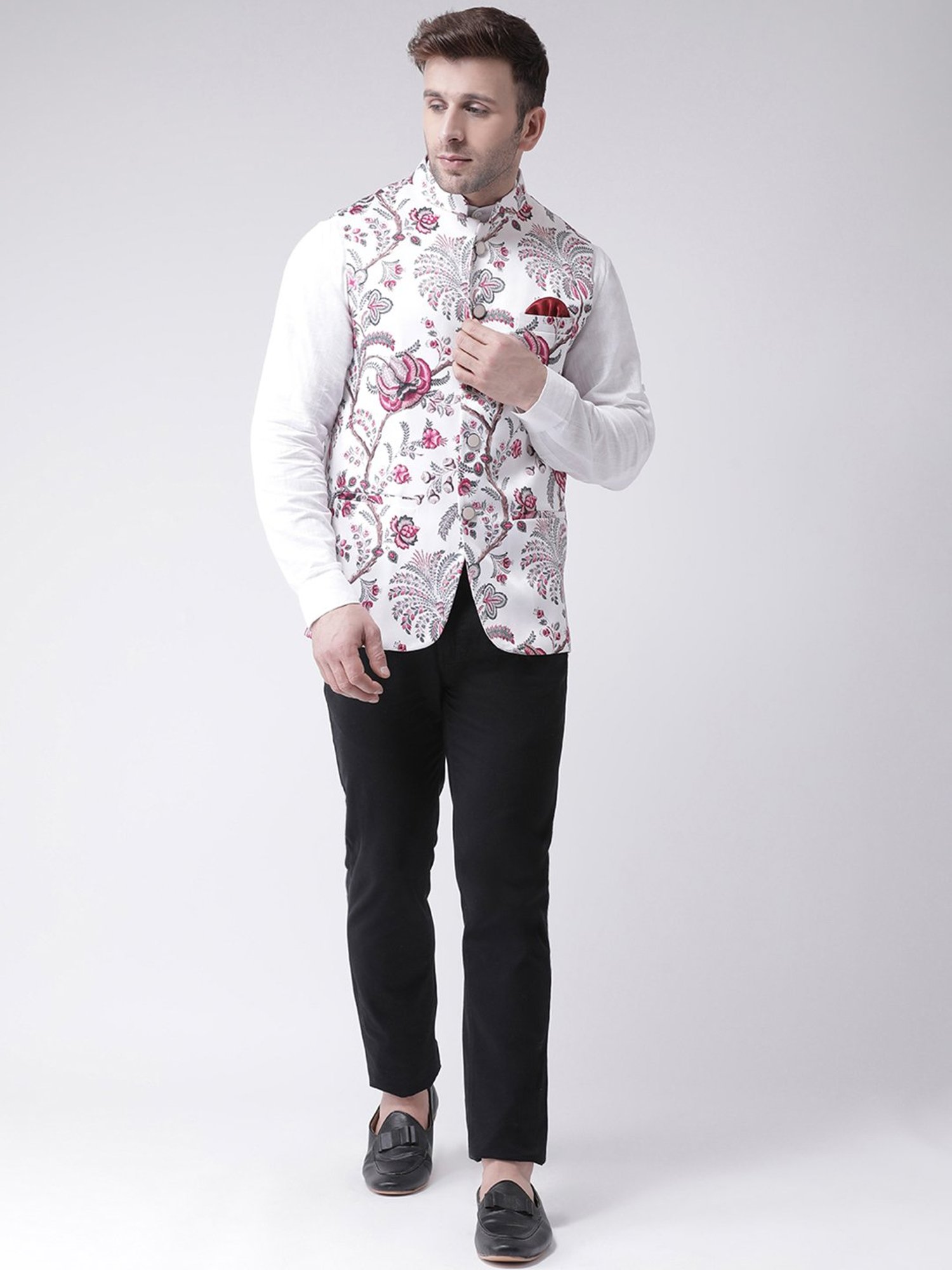 Hangup Plus White Regular Fit Floral Print Nehru Jacket
