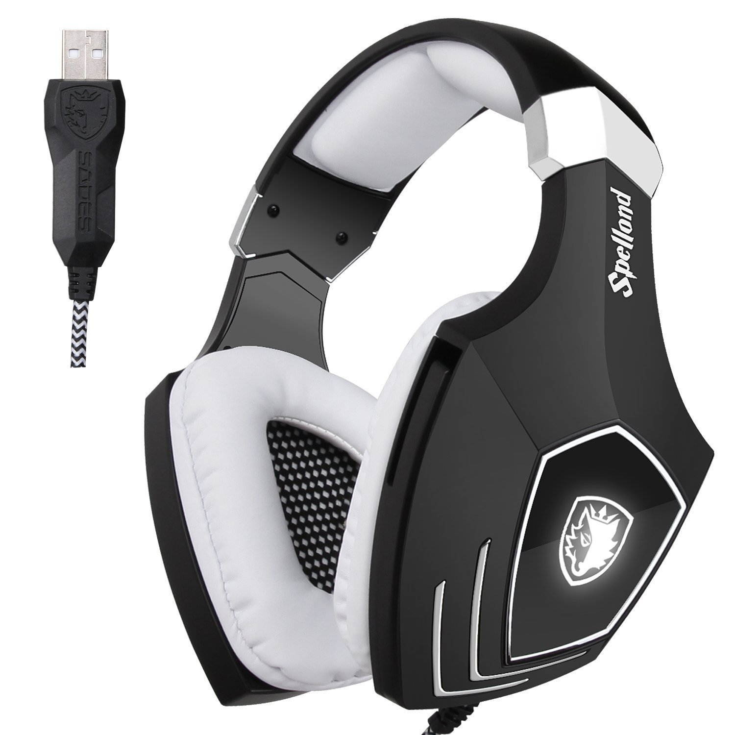 SADES A60S/OMG PC Wired USB Stereo Gaming Headset Headband Over Ear Headphones with Microphone Noise Isolating Volume Control LED Light (Black+White)