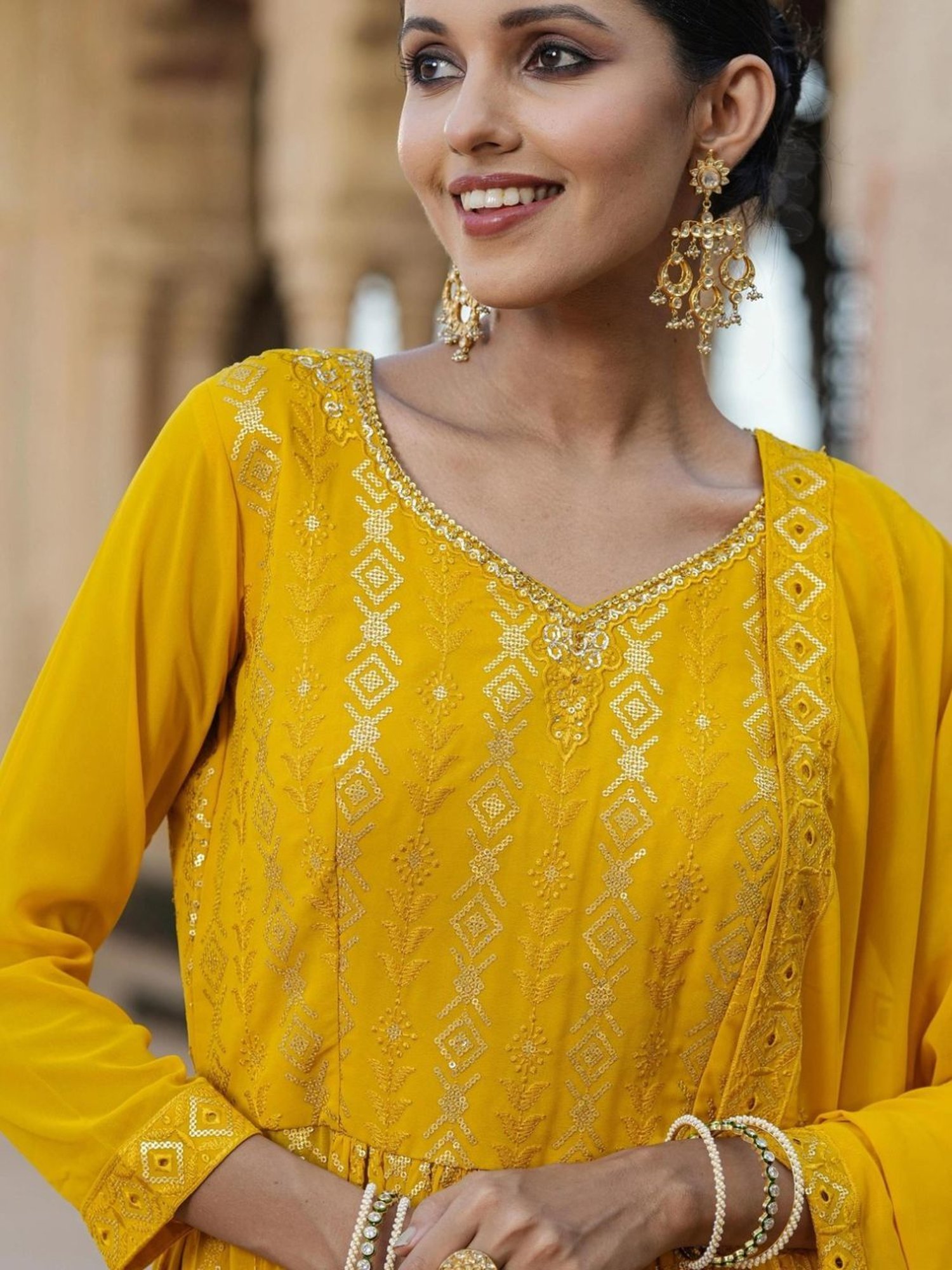 Scakhi Mustard Georgette Sequin Embroidered Suit Set Tunic With Palazzo And Dupatta