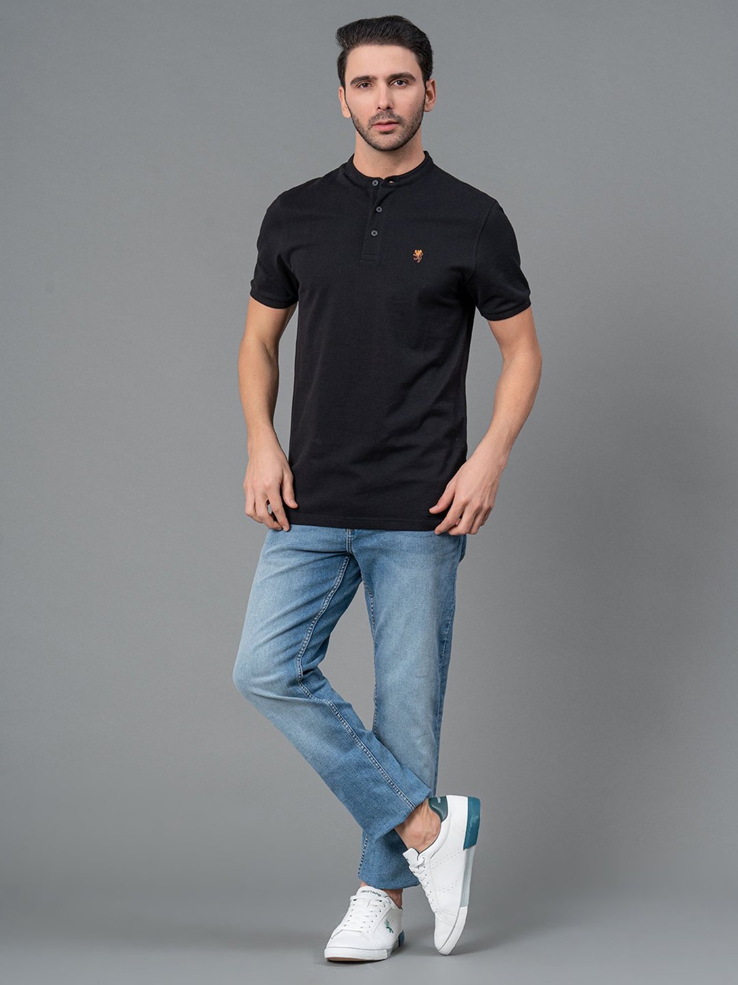 Red Tape Black Regular Fit Cotton Henley T-Shirt