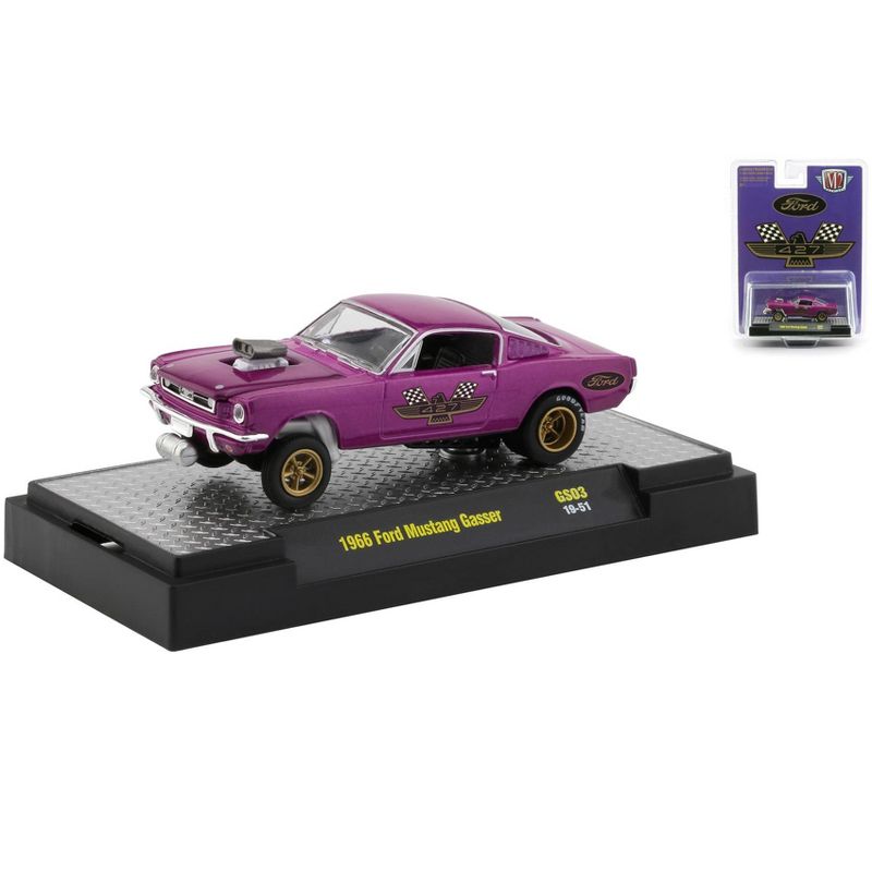 1966 Ford Mustang Gasser Purple Metallic with Gold Wheels "427" Ltd Ed 3600 pcs 1/64 Diecast Model Car by M2 Machines