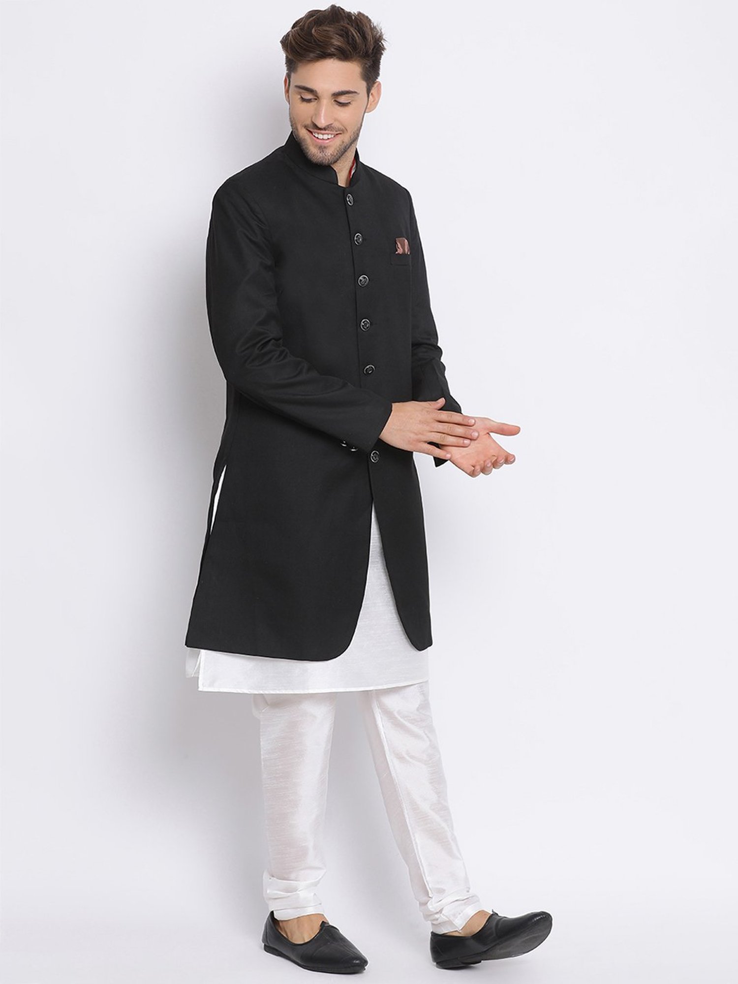 Hangup Plus Black & White Regular Fit Sherwani Set