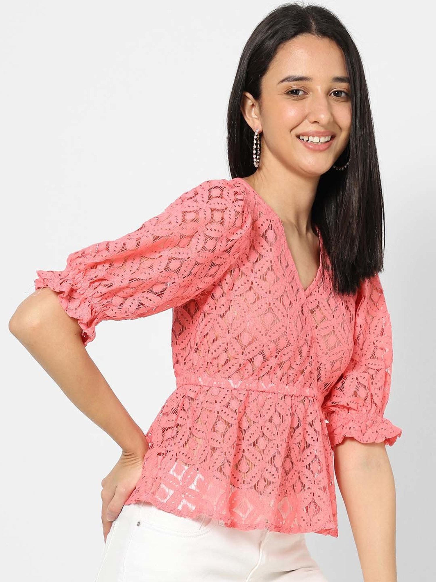 VASTRADO Peach Lace Work Top